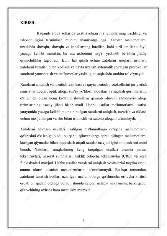 qibatlarini ochib beramiz. ushbu usullarning roli va ahamiyatini tushunib, biz ularning zamonaviy aloqa infratuzilmasidagi ahamiyatini va ma'lumotlarni uzluksiz va xatosiz uzatishni ta'minlashda muhim rol o'ynashini qadrlashimiz mumkin. 1. raqamli aloqada uchraydigan xatolar turlari va ularning ma'lumotlar yaxlitligiga ta'sirini tushuntirish. raqamli aloqa tizimlarida ma'lumotlarni uzatish jarayonida uzatilayotgan axborotning yaxlitligi va ishonchliligiga ta'sir qiluvchi turli omillar ta'sirida xatolar yuzaga kelishi mumkin. raqamli aloqa xatolarining turlarini tushunish samarali xatolarni aniqlash, tuzatish va kamaytirish strategiyalarini amalga oshirish uchun juda muhimdir. raqamli aloqa xatolarining asosiy turlari va ularning ma'lumotlar yaxlitligiga ta'siri: 1. tasodifiy xatolar: · gauss shovqini yoki termal shovqin deb ham ataladigan tasodifiy xatolar tasodifiy va uzatilgan signaldan mustaqil ravishda sodir bo'ladi. · ushbu xatolar elektromagnit shovqin, atmosfera sharoitlari va elektron shovqin kabi atrof-muhit omillaridan kelib chiqadi. · tasodifiy xatolar qabul qilingan signal amplitudasi yoki fazasidagi kichik, tasodifiy tebranishlar sifatida namoyon bo'lib, vaqti-vaqti bilan bit xatolariga olib keladi. · ta'sir: tasodifiy xatolar aloqa aloqasining …