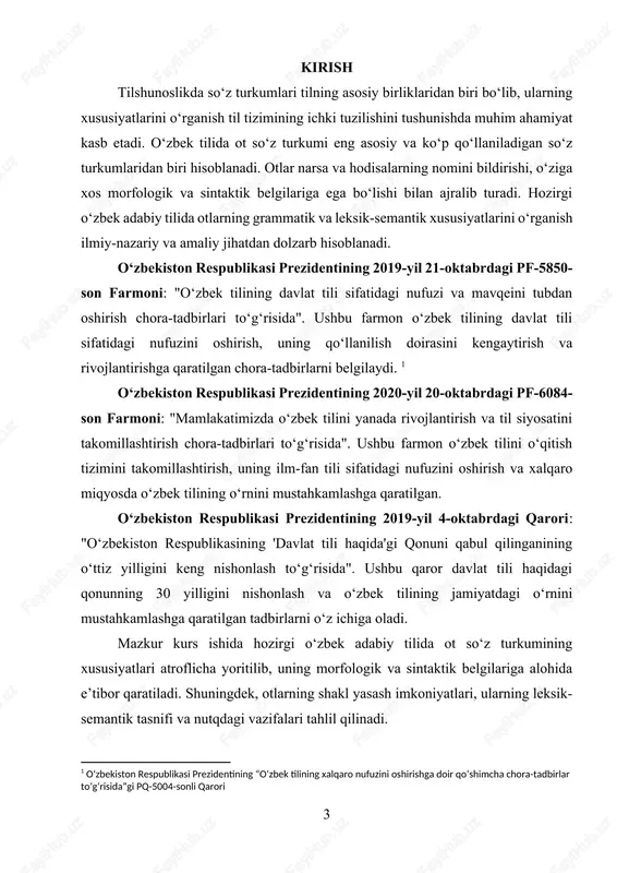 ahamiyat kasb etadi. bugungi kunda zamonaviy o‘zbek tilshunosligida otlarning o‘ziga xos grammatik kategoriyalari, shakl yasash imkoniyatlari va nutqdagi o‘rni keng o‘rganilmoqda. ayniqsa, til taraqqiyoti jarayonida yangi otlarning paydo bo‘lishi, ularning funksional uslublardagi xususiyatlari va qo‘llanilish tendensiyalarini o‘rganish hozirgi davr uchun dolzarb masalalardan biri hisoblanadi. shu sababli, ushbu kurs ishida ot so‘z turkumining ilmiy-nazariy asoslari va amaliy qo‘llanilishi tahlil qilinadi. kurs ishining maqsadi: ushbu kurs ishining asosiy maqsadi – hozirgi o‘zbek adabiy tilida ot so‘z turkumining grammatik, semantik va sintaktik xususiyatlarini chuqur o‘rganish hamda ularning nutqdagi o‘rnini tahlil qilishdir. mazkur maqsadni amalga oshirish uchun quyidagi vazifalar belgilangan: · ot so‘z turkumining umumiy xususiyatlarini aniqlash; · o‘zbek tilshunosligida otlarning o‘rganilishi tarixini o‘rganish; · otlarning grammatik kategoriyalarini (son, egalik, kelishik) tahlil qilish; · otlarning leksik-semantik tasnifini o‘rganish va ularning turkumlanish mezonlarini belgilash; · otlarning shakl yasash imkoniyatlarini tahlil qilish; mazkur kurs ishi orqali ot so‘z turkumining o‘ziga xos xususiyatlari, til tizimidagi o‘rni va …
