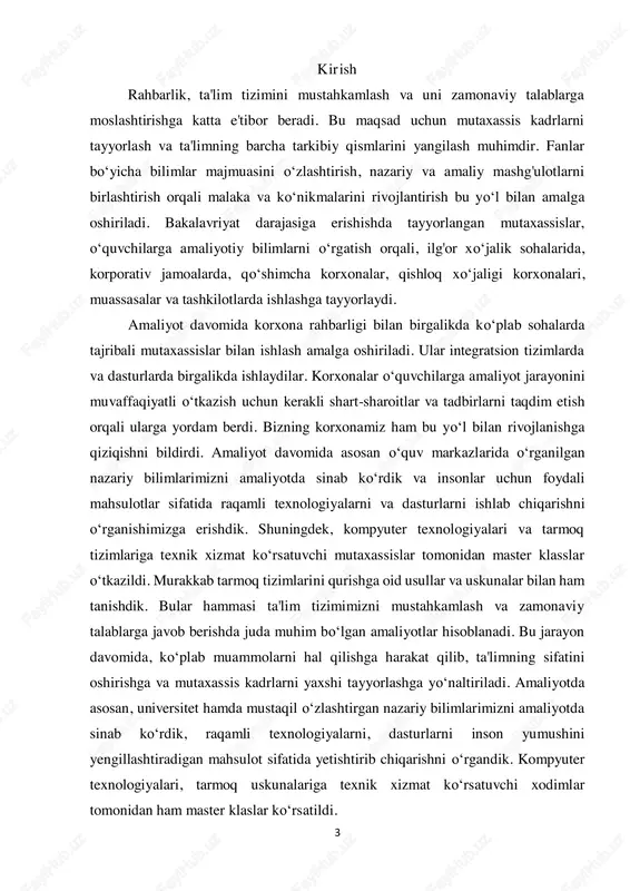 aliyotim davomida tashkilot va uning faoliyati bilan tanishish muhimdir. muvaffaqiyatli tajriba uchun bu juda muhim. men tashkiliy tuzilma, jumladan, hisobot yo‘nalishlari va bo‘limlari bilan tanishish tashabbusini o‘z qo‘limga oldim. bu menga turli jamoalar va shaxslarning qanday tashkil etilganligi va ular bir-biri bilan qanday munosabatda bo‘lishlari haqida aniq ma'lumot berdi. o‘zbekiston respublikasi prezidentining 2017-yil 26-sentyabrdagi “oliy ta’lim muassasalariga kirish uchun nomzodlarni maqsadli tayyorlash tizimini yanada takomillashtirish to‘g‘risida”gi pq-3290-sonli qarori hamda o‘zbekiston respublikasi oliy va o‘rta maxsus ta’lim vazirligining 2017-yil 29-sentyabrdagi 708-sonli buyrug‘i asosida tatu qoshidagi 2-son akademik litsey muhammad al- xorazmiy nomidagi toshkent axborot texnologiyalari universiteti akademik litseyiga aylantirildi. men bu korxonaning missiyasi, qadriyatlari va maqsadlari haqida bilishga harakat qildim, shunda men o‘z sa’y-harakatlarimni ularning umumiy qarashlari bilan moslashtira olaman. korxona nimani anglatishini va uning uzoq muddatli maqsadlarini tushunib, men samarali hissa qo‘shishim va umumiy maqsadlar sari ishlay olaman. hamkasblarim bilan munosabatlarni o‘rnatish men uchun ustuvor vazifa bo‘ldi. men o‘zimni hamkasblarim …