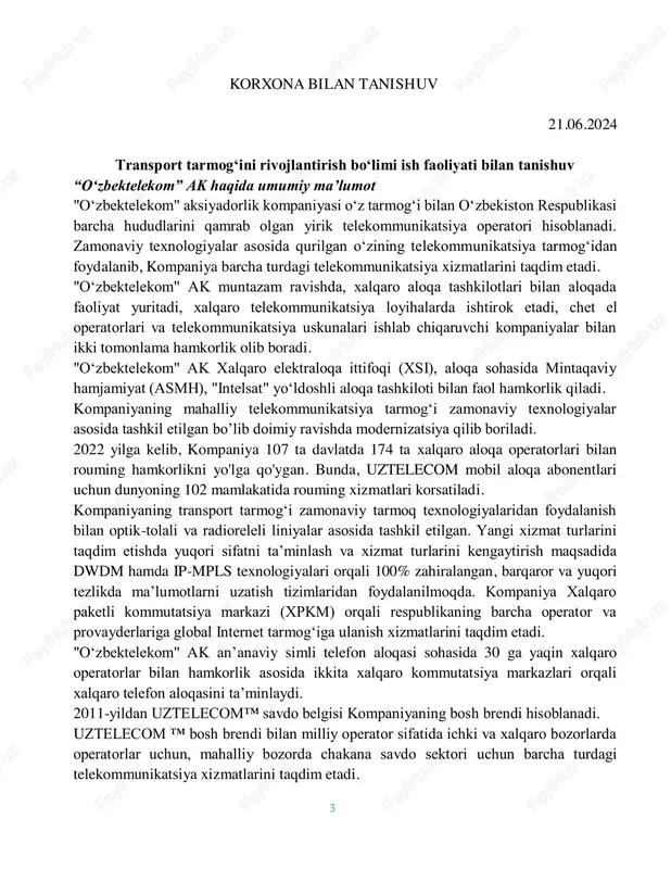 ing telekommunikatsiya tarmog‘idan foydalanib, kompaniya barcha turdagi telekommunikatsiya xizmatlarini taqdim etadi. "o‘zbektelekom" ak muntazam ravishda, xalqaro aloqa tashkilotlari bilan aloqada faoliyat yuritadi, xalqaro telekommunikatsiya loyihalarda ishtirok etadi, chet el operatorlari va telekommunikatsiya uskunalari ishlab chiqaruvchi kompaniyalar bilan ikki tomonlama hamkorlik olib boradi. "o‘zbektelekom" ak xalqaro elektraloqa ittifoqi (xsi), aloqa sohasida mintaqaviy hamjamiyat (asmh), "intelsat" yo‘ldoshli aloqa tashkiloti bilan faol hamkorlik qiladi. kompaniyaning mahalliy telekommunikatsiya tarmog‘i zamonaviy texnologiyalar asosida tashkil etilgan bo’lib doimiy ravishda modernizatsiya qilib boriladi. 2022 yilga kelib, kompaniya 107 ta davlatda 174 ta xalqaro aloqa operatorlari bilan rouming hamkorlikni yo'lga qo'ygan. bunda, uztelecom mobil aloqa abonentlari uchun dunyoning 102 mamlakatida rouming xizmatlari korsatiladi. kompaniyaning transport tarmog‘i zamonaviy tarmoq texnologiyalaridan foydalanish bilan optik-tolali va radioreleli liniyalar asosida tashkil etilgan. yangi xizmat turlarini taqdim etishda yuqori sifatni ta’minlash va xizmat turlarini kengaytirish maqsadida dwdm hamda ip-mpls texnologiyalari orqali 100% zahiralangan, barqaror va yuqori tezlikda ma’lumotlarni uzatish tizimlaridan foydalanilmoqda. kompaniya xalqaro …