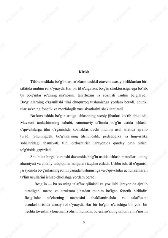 kommunikasiyadagi noaniqliklarni bartaraf etadi. kurs ishining maqsadi: ushbu kurs ishining maqsadi – bo'g'in tushunchasini o‘rganish, uning tilshunoslik va ta'lim jarayonidagi ahamiyatini aniqlash, shuningdek, bo'g'in ustida ishlash usullarini tahlil qilishdir. maqsadlar quyidagi jihatlarga qaratilgan: · bo'g'in tushunchasini aniqlash: bo'g'inlarning tuzilishi, turlari va ular o'rtasidagi farqni o‘rganish. · bo'g'inlarning ahamiyatini o'rganish: tilshunoslik, pedagogika va muloqot jarayonida bo'g'inlarning rolini tahlil qilish. · bo'g'in ustida ishlash metodlarini ko'rib chiqish: o'quvchilarning bo'g'in ustida ishlash jarayonini osonlashtirish uchun samarali metodlar va strategiyalarni aniqlash. · amaliy tadqiqot o'tkazish: o'quvchilarning bo'g'inlar ustida ishlashdagi tajribalarini o‘rganish va mavjud qiyinchiliklarni aniqlash. · natijalarni umumlashtirish: olingan ma'lumotlarni tahlil qilish va bo'g'in ustida ishlashning kelgusi istiqbollarini belgilash. ushbu maqsadlar orqali, kurs ishi bo'g'inlar haqida chuqurroq tushuncha hosil qilishga va til o'rganish jarayonida samarali usullarni ishlab chiqishga yordam beradi. kurs ishining maqsadi: ushbu kurs ishining maqsadi - bo'g'in tushunchasini chuqur o'rganish, uning tilshunoslik va ta'lim jarayonidagi ahamiyatini aniqlash, shuningdek, bo'g'in ustida ishlash usullarini …