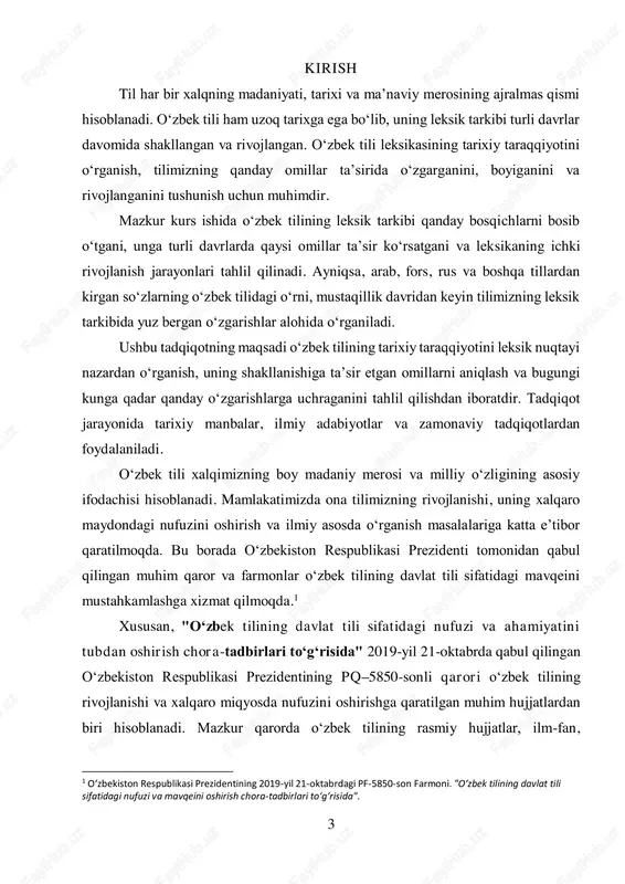 k tilining leksik tarkibining tarixiy taraqqiyoti, uning shakllanish bosqichlari va rivojlanish omillari tahlil qilinadi. o‘zbek tilining leksik boyligi qanday omillar ta’sirida shakllangani, unga turli davrlarda qaysi tillar ta’sir ko‘rsatgani va hozirgi kunda qanday o‘zgarishlar ro‘y berayotganligi ilmiy asosda ko‘rib chiqiladi. ushbu tadqiqotning maqsadi o‘zbek tilining leksik rivojlanish jarayonlarini chuqur o‘rganish, uning shakllanishiga ta’sir etgan ichki va tashqi omillarni tahlil qilishdan iboratdir. tadqiqot natijalari o‘zbek tili taraqqiyoti bilan bog‘liq ilmiy bilimlarni kengaytirish bilan birga, til siyosati, leksikologiya va terminologiya sohalarida ham nazariy va amaliy jihatdan foydali bo‘lishi kutilmoqda. kurs ishi uch asosiy bo‘limdan iborat bo‘lib, unda oʻzbek tili leksikasining shakllanish bosqichlari, tashqi va ichki omillarning leksik tarkibga ta’siri hamda yangi soʻzlarning paydo boʻlish jarayoni yoritiladi. ishning yakunida umumiy xulosalar va kelgusida olib borilishi mumkin boʻlgan tadqiqot yo‘nalishlari haqida fikr yuritiladi. kurs ishining dolzarbligi: oʻzbek tili leksikasi uzoq tarixiy rivojlanish jarayonini boshdan kechirgan boʻlib, uning tarkibida turli davrlarda yuz bergan oʻzgarishlar tilimizning …