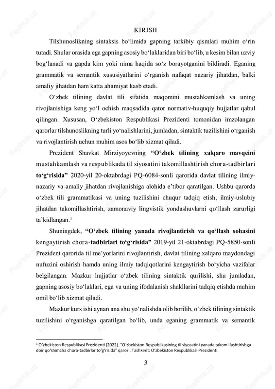 arini tahlil qilishga bag‘ishlangan. tadqiqot davomida ega tushunchasi haqida umumiy ma’lumot berilib, uning grammatik va semantik jihatlari yoritiladi. shuningdek, egani ifodalovchi vositalar, ularning qo‘llanish xususiyatlari ham atroflicha tahlil qilinadi.2 kurs ishining maqsadi – egani lingvistik jihatdan tahlil qilish, uning turli sintaktik tuzilmalarda qanday ifodalanishini o‘rganish va bu boradagi ilmiy qarashlarni umumlashtirishdir. ishning asosiy vazifalari quyidagilardan iborat:  eganing grammatik va semantik xususiyatlarini aniqlash;  uning gap tarkibidagi vazifalarini o‘rganish;  eganing turli uslubiy ko‘rinishlarini tahlil qilish;  amaliy misollar asosida eganing qo‘llanish xususiyatlarini tahlil qilish. ushbu tadqiqot natijalari tilshunoslikning sintaktik tadqiqotlariga o‘z hissasini qo‘shishi bilan birga, tilshunoslik bilan shug‘ullanuvchi talabalar va mutaxassislar uchun foydali bo‘lishi mumkin. shuningdek, kurs ishida olingan xulosalar tilshunoslik bo‘yicha ilmiy izlanishlar olib borayotgan tadqiqotchilar uchun ham qo‘shimcha material vazifasini o‘tashi mumkin. kurs ishining dolzarbligi: tilshunoslikning sintaksis bo‘limi nutq tuzilishini o‘rganishda muhim ahamiyatga ega bo‘lib, uning asosiy elementlaridan biri ega hisoblanadi. ega gapning bosh bo‘lagi sifatida nutqning …