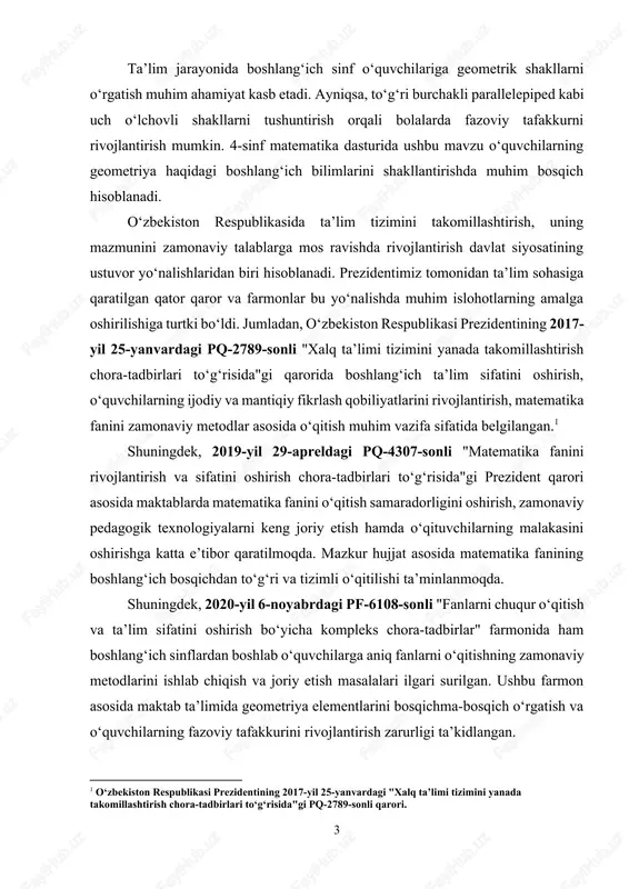 zusini o‘qitishning samarali metodikasi tahlil qilinadi. tadqiqotning asosiy maqsadi – o‘quvchilarga mavzuni tushunarli va qiziqarli tarzda yetkazish yo‘llarini aniqlashdir. shu bilan birga, turli didaktik materiallar va innovatsion pedagogik texnologiyalardan foydalanish imkoniyatlari ham ko‘rib chiqiladi. tadqiqotning asosiy vazifalari quyidagilardan iborat: · to‘g‘ri burchakli parallelepiped tushunchasini boshlang‘ich sinf o‘quvchilariga moslashtirilgan holda tushuntirish usullarini o‘rganish; · o‘quvchilarning yosh xususiyatlariga mos metodikalarni tahlil qilish; · mavzuni interaktiv va amaliy usullar yordamida o‘rgatishning samaradorligini aniqlash; · o‘quvchilarning fazoviy tafakkurini rivojlantirish bo‘yicha tavsiyalar ishlab chiqish. tadqiqot obyekti sifatida 4-sinf matematika ta’lim jarayoni, predmeti esa to‘g‘ri burchakli parallelepiped mavzusini o‘qitish metodikasi hisoblanadi. ish davomida kuzatish, taqqoslash, eksperiment o‘tkazish va tahlil kabi ilmiy tadqiqot usullaridan foydalaniladi. kurs ishining dolzarbligi: bugungi kunda ta’lim jarayonida o‘quvchilarning fazoviy tafakkurini rivojlantirish muhim vazifalardan biri hisoblanadi. 4-sinf matematika darslarida geometrik shakllarni, jumladan, to‘g‘ri burchakli parallelepipedni o‘rganish o‘quvchilarning nafaqat matematik bilimlarini chuqurlashtirish, balki kundalik hayotdagi predmetlarni anglashiga ham yordam beradi. mazkur mavzuni samarali o‘qitish …