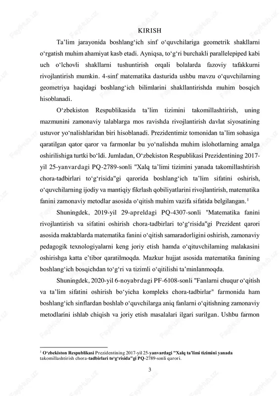 qitishning samarali metodikasi tahlil qilinadi. tadqiqotning asosiy maqsadi – o‘quvchilarga mavzuni tushunarli va qiziqarli tarzda yetkazish yo‘llarini aniqlashdir. shu bilan birga, turli didaktik materiallar va innovatsion pedagogik texnologiyalardan foydalanish imkoniyatlari ham ko‘rib chiqiladi. tadqiqotning asosiy vazifalari quyidagilardan iborat:  to‘g‘ri burchakli parallelepiped tushunchasini boshlang‘ich sinf o‘quvchilariga moslashtirilgan holda tushuntirish usullarini o‘rganish;  o‘quvchilarning yosh xususiyatlariga mos metodikalarni tahlil qilish;  mavzuni interaktiv va amaliy usullar yordamida o‘rgatishning samaradorligini aniqlash;  o‘quvchilarning fazoviy tafakkurini rivojlantirish bo‘yicha tavsiyalar ishlab chiqish. tadqiqot obyekti sifatida 4-sinf matematika ta’lim jarayoni, predmeti esa to‘g‘ri burchakli parallelepiped mavzusini o‘qitish metodikasi hisoblanadi. ish davomida kuzatish, taqqoslash, eksperiment o‘tkazish va tahlil kabi ilmiy tadqiqot usullaridan foydalaniladi. mavzuning dolzarbligi: bugungi kunda ta’lim jarayonida o‘quvchilarning fazoviy tafakkurini rivojlantirish muhim vazifalardan biri hisoblanadi. 4-sinf matematika darslarida geometrik shakllarni, jumladan, to‘g‘ri burchakli parallelepipedni o‘rganish o‘quvchilarning nafaqat matematik bilimlarini 5 chuqurlashtirish, balki kundalik hayotdagi predmetlarni anglashiga ham yordam beradi. mazkur mavzuni samarali o‘qitish orqali …