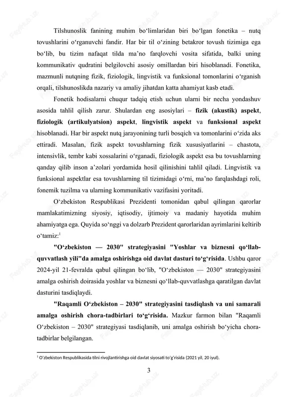 shlar kiritilgan. "tadbirkorlik sub’ektlariga 'yagona darcha' tamoyili bo‘yicha davlat xizmatlari ko‘rsatish tartibini yanada takomillashtirish chora-tadbirlari to‘g‘risida". 2015-yil 28-sentabrda qabul qilingan ushbu qaror tadbirkorlik sub’ektlariga "yagona darcha" tamoyili asosida davlat xizmatlarini ko‘rsatish tartibini takomillashtirishga qaratilgan. ushbu kurs ishida fonetikaning yuqorida tilga olingan to'rt muhim aspekti har tomonlama tahlil qilinadi, ularning tilshunoslik fanidagi oʻrni va oʻzaro aloqadorlik masalalari yoritiladi. mavzuning dolzarbligi shundaki, hozirgi kunda tilshunoslikda fonetik tadqiqotlarga boʻlgan ehtiyoj oshib bormoqda, ayniqsa nutqni avtomatlashtirish, tovushli ma’lumotlarni analiz qilish va fonetik standartlarni ishlab chiqishda bu yondashuvlar muhim ahamiyatga ega boʻlib bormoqda.[footnoteref:2] [2: o‘zbek tilini rivojlantirish va uning yanada keng tarqalishini ta’minlash chora-tadbirlari to‘g‘risida (2020 yil, 10 dekabr). ] kurs ishining dolzarbligi: zamonaviy tilshunoslik fanida fonetik tadqiqotlar tobora keng qamrovli va texnikaviy jihatdan chuqurlashib bormoqda. ayniqsa, nutq texnologiyalari, sun’iy intellekt, avtomatik nutq tanish tizimlari va lingvodidaktik dasturlar rivojlanayotgan hozirgi davrda fonetik bilimlarning har tomonlama chuqur oʻrganilishi katta ahamiyat kasb etmoqda. fonetikaning to‘rt asosiy aspekt …