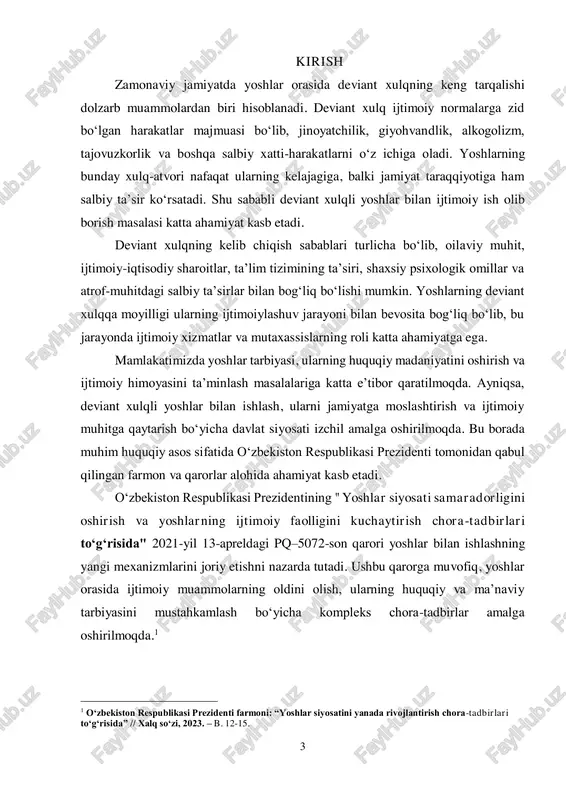 – deviant xulqli yoshlar bilan ijtimoiy ish jarayonini o‘rganish, samarali usullarni aniqlash hamda ularning ijtimoiy moslashuviga koʻmaklashish strategiyalarini ishlab chiqishdan iborat. shu maqsadda tadqiqot quyidagi vazifalarni hal etishni koʻzda tutadi:  deviant xulq tushunchasini nazariy jihatdan tahlil qilish;  yoshlar orasida deviant xulqning shakllanishiga ta’sir etuvchi omillarni aniqlash;  deviant xulqli yoshlar bilan ijtimoiy ish olib borishning asosiy yoʻnalishlarini koʻrib chiqish;  deviant xulqli yoshlarni reabilitatsiya qilish va ularni jamiyatga moslashtirish usullarini oʻrganish; 2 o‘zbekiston respublikasi prezidenti qarori: “o‘zbekiston respublikasida ijtimoiy ish tizimini takomillashtirish chora-tadbirlari to‘g‘risida” // lex.uz, 2023. – b. 8-13. 5  deviant xulqning oldini olishga qaratilgan samarali ijtimoiy ish chora- tadbirlarini ishlab chiqish. mazkur ish yoshlarning salbiy xulq-atvorini kamaytirish, ularni ijtimoiy hayotga faol jalb etish va ijtimoiy xizmatlar tizimining samaradorligini oshirishga qaratilgan tadqiqotlar uchun muhim manba boʻlib xizmat qiladi. shu bilan birga, deviant xulqli yoshlarni jamiyatga qayta moslashtirishga doir chora-tadbirlarni takomillashtirishga hissa qoʻshadi. kurs ishining dolzarbligi: hozirgi …
