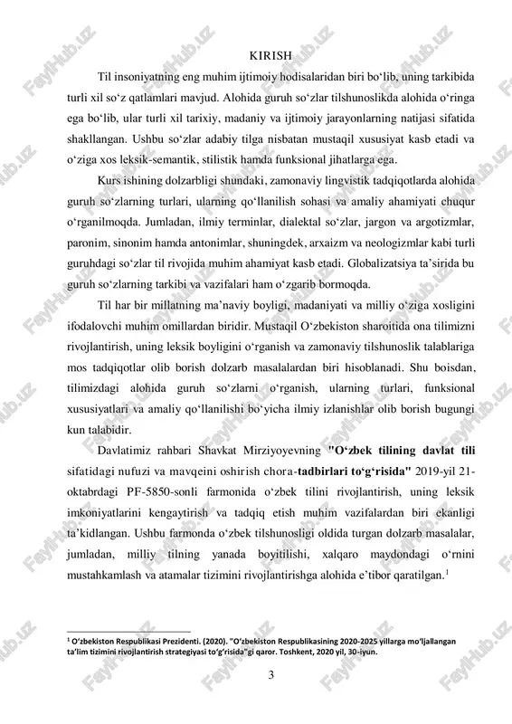ni chuqur oʻrganish, yangi atamalar va neologizmlarni tizimlashtirish, shuningdek, xalq shevalari, jargon va boshqa maxsus guruh so‘zlarining lingvistik xususiyatlarini tadqiq qilish zarurligini ko‘rsatmoqda.2 mazkur kurs ishi aynan shu dolzarb masalalarga bagʻishlangan boʻlib, unda alohida guruh soʻzlarning tasnifi, ularning xususiyatlari va zamonaviy nutq madaniyatidagi oʻrni tahlil qilinadi. tadqiqot natijalari tilshunoslik, tarjima nazariyasi, matnshunoslik va axborot kommunikatsiya sohalari uchun nazariy hamda amaliy jihatdan foydali boʻlishi kutilmoqda. ushbu kurs ishining maqsadi – alohida guruh soʻzlarning leksik-semantik xususiyatlarini, ularning til tizimidagi oʻrnini va turli kontekstlardagi qoʻllanilishini oʻrganishdan iborat. tadqiqot davomida quyidagi vazifalar belgilangan:  alohida guruh soʻzlarning umumiy tavsifini berish;  ularning turli turlarini tasniflash va tavsiflash;  ushbu soʻzlarning adabiy tilga ta’sirini tahlil qilish;  zamonaviy til taraqqiyotida alohida guruh soʻzlarning roli va oʻzgarish dinamikasini oʻrganish. ushbu tadqiqot natijalari tilshunoslik nazariyasi va amaliyotida muhim ilmiy hamda amaliy ahamiyat kasb etadi. ayniqsa, tarjima jarayoni, matnshunoslik, axborot vositalari tili hamda soʻz boyligini rivojlantirish jarayonida alohida …