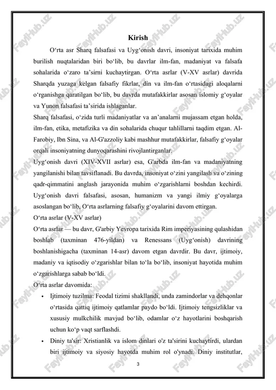 ingi zamonlarning rivojlanishida asosiy omil bo‘lib xizmat qilgan. 1. oʻrta asr sharq falsafasining xususiyatlari oʻrta asr sharq falsafasi, asosan, islomiy g‘oyalar va yunon falsafasining ta'siri ostida shakllangan. bu davr, ilm-fan, din va falsafa o‘rtasidagi o‘zaro aloqalarni o‘rganish, shuningdek, mavjud ijtimoiy va siyosiy tuzilmalarni tahlil qilish uchun muhim ahamiyatga ega. oʻrta asr sharq falsafasining asosiy xususiyatlari quyidagilar: 1. tarixiy kontekst · xilofat va ilmiy markazlar: islom xalifaligi, ix asrdan boshlab, ilm-fan va madaniyat markaziga aylandi. bag‘dod, damashq, qohira va boshqa shaharlar ilmiy faoliyatning markazi bo‘lib, musulmon olimlari yevropa va yunoniston ilmiy merosini o‘rganish va rivojlantirishga katta hissa qo‘shdilar. · falsafa va din: oʻrta asrlarda, din va falsafa o‘rtasidagi munosabatlar muhim ahamiyatga ega bo‘lib, diniy e'tiqodlar, falsafiy g‘oyalar orqali izohlanishga intildi. 2. asosiy falsafiy oqimlar · islom falsafasi: oʻrta asr sharq falsafasida islomiy g‘oyalar markaziy o‘rin egalladi. o‘zbekiston va turkiston kabi mintaqalarda paydo bo‘lgan mutafakkirlar, diniy e'tiqodlar bilan falsafiy fikrni birlashtirishga intildilar. …