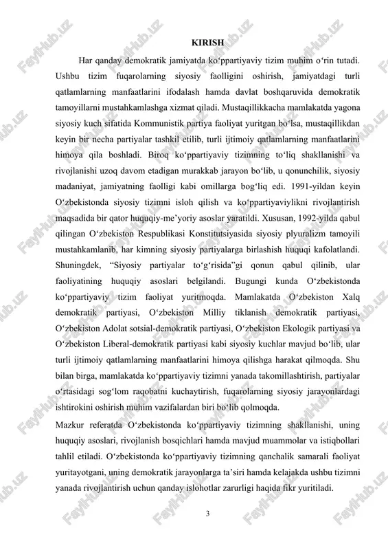 ik partiyasi”: “oʻzbekiston milliy tiklanish demokratik partiyasi” 1995-yilda tashkil etilgan. ushbu partiya milliy qadriyatlarni tiklash, madaniyat va tarixni rivojlantirish hamda yosh avlodni vatanparvarlik ruhida tarbiyalash gʻoyalariga asoslanadi. partiyaning asosiy maqsadi oʻzbekistonning mustaqilligini mustahkamlash, milliy madaniyat va tarixiy merosni asrab-avaylash hamda ijtimoiy taraqqiyotga hissa qoʻshishdan iborat. “oʻzbekiston adolat sotsial-demokratik partiyasi”: “oʻzbekiston adolat sotsial-demokratik partiyasi” 1995-yilda tashkil etilgan bo‘lib, ijtimoiy demokratik qadriyatlarni ilgari suruvchi siyosiy kuchlardan biridir. partiya jamiyatda ijtimoiy tenglikni ta’minlash, inson huquqlarini himoya qilish, qonun ustuvorligini mustahkamlash va davlat boshqaruvida adolat prinsiplarini ilgari surishni oʻz oldiga maqsad qilib qoʻygan. partiyaning asosiy elektorati oʻrta sinf, ziyolilar va huquqiy davlat barpo etishga qiziqqan fuqarolardan iborat. keyinchalik shakllangan partiyalar: oʻzbekistonda siyosiy tizimning rivojlanishi davomida yangi partiyalar ham tashkil etildi. ular orasida quyidagilar muhim oʻrin tutadi: · oʻzbekiston liberal-demokratik partiyasi (o‘zlidep) – 2003-yilda tashkil etilgan bo‘lib, tadbirkorlik va bozor iqtisodiyotini rivojlantirishni asosiy maqsad qilib olgan. ushbu partiya iqtisodiy islohotlarni chuqurlashtirish, kichik va oʻrta biznesni …