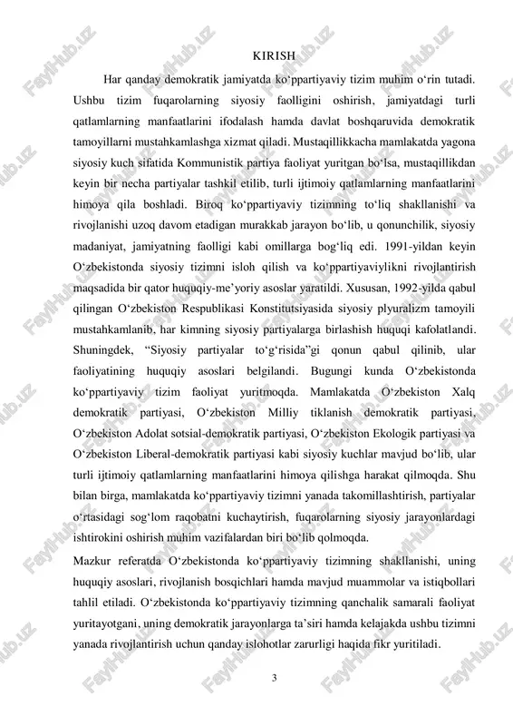 ik partiyasi”: “oʻzbekiston milliy tiklanish demokratik partiyasi” 1995-yilda tashkil etilgan. ushbu partiya milliy qadriyatlarni tiklash, madaniyat va tarixni rivojlantirish hamda yosh avlodni vatanparvarlik ruhida tarbiyalash gʻoyalariga asoslanadi. partiyaning asosiy maqsadi oʻzbekistonning mustaqilligini mustahkamlash, milliy madaniyat va tarixiy merosni asrab-avaylash hamda ijtimoiy taraqqiyotga hissa qoʻshishdan iborat. “oʻzbekiston adolat sotsial-demokratik partiyasi”: “oʻzbekiston adolat sotsial- demokratik partiyasi” 1995-yilda tashkil etilgan bo‘lib, ijtimoiy demokratik qadriyatlarni ilgari suruvchi siyosiy kuchlardan biridir. partiya jamiyatda ijtimoiy tenglikni ta’minlash, inson huquqlarini himoya qilish, qonun ustuvorligini mustahkamlash va davlat boshqaruvida adolat prinsiplarini ilgari surishni oʻz oldiga maqsad qilib qoʻygan. partiyaning asosiy elektorati oʻrta sinf, ziyolilar va huquqiy davlat barpo etishga qiziqqan fuqarolardan iborat. 5 keyinchalik shakllangan partiyalar: oʻzbekistonda siyosiy tizimning rivojlanishi davomida yangi partiyalar ham tashkil etildi. ular orasida quyidagilar muhim oʻrin tutadi:  oʻzbekiston liberal-demokratik partiyasi (o‘zlidep) – 2003-yilda tashkil etilgan bo‘lib, tadbirkorlik va bozor iqtisodiyotini rivojlantirishni asosiy maqsad qilib olgan. ushbu partiya iqtisodiy islohotlarni chuqurlashtirish, kichik va …