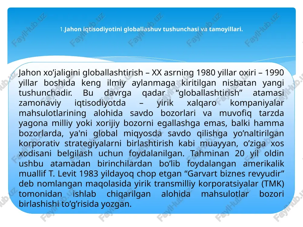 nishi deb biladilar. jahon iqtisodiyoti globallashuvi to’g’risidagi ilmiy konsepsiyalarning asosiy yonalishlari zamonaviy sharoitda xalqaro iqtisodiy munosabatlarning barcha shakllarining rivojlanishini belgilovchi va bir vaqtning o’zida sintez qiluvchi asosiy yo’nalishlaridan biri iqtisodiy globallashuv jarayonidir. xalqaro valyuta jamg’armasi (xvj) ekspertlari globallashuvni “… tovarlar, xizmatlar va global kapital oqimlaridagi xalqaro bitimlarning ko’payishi va xilma-xilligi natijasida dunyodagi mamlakatlarning o’sib borayotgan iqtisodiy o’zaro bog’liqligi, shuningdek, texnologiyalarning tobora tez va keng tarqalishi” sifatida talqin qilishadi. umuman globallashuv jarayoni umumbashariy bo’lib, nafaqat iqtisodiyotni, balki jamiyat hayotining deyarli barcha sohalarini: siyosat, ijtimoiy soha, axborot tizimi, ta’lim,madaniyat va boshqa sohalarni qamrab oladi. amalda globallashuv ko’rsatib o’tilgan sohalarda rivojlanayotgan turli xil, ammo o’zaro chambarchas bog’liq globallashuv jarayonlarining murakkab majmuasidir. shuning uchun ham uning turli jihatlari ko’pgina fanlarning o’rganish obyekti bo’lib, globallashuv tom ma’noda fanlararo tadqiqot obyektidir. 1980-1990 yillar bo’sag’asida “globallashtirish” tushunchasi yangi talqinga ega bo’ldi: asli yaponiyalik keyinroq amerikalik mashhur iqtisodchi k.ome ta'riflab bergan mazkur atamaning ommaga tushunarli bo’lgan ifodasidan jahon …