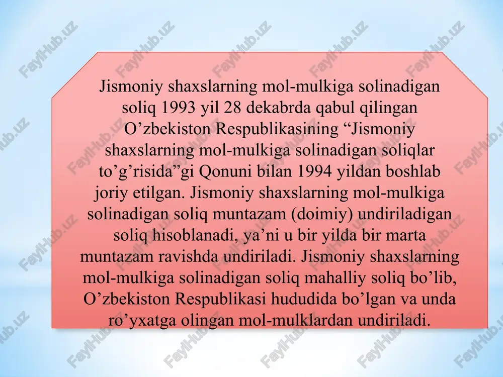 hmas mulk ob'ektlariga nisbatan tadbiq etilmaydi. soliqni to'lash to'g'risidagi to'lov xabarnomasi soliq organlari tomonidan soliq to'lovchilarga imzo qo'ydirilgan holda yoki mavjud bo'lgan taqdirda, soliq to'lovchining shaxsiy kabinetiga elektron tarzda, soliq to'lovchining nomiga rasmiylashtirilgan uyali telefon raqamiga va soliq organlarining maxsus mobil ilovasiga sms xabarnoma tarzida, shuningdek to'lov xabarnomasi olinganligini va olingan sanani tasdiqlovchi boshqa usulda har yili 1 martdan kechiktirmay topshiriladi. jismoniy shaxslar bo'yicha soliq kodeksining 412-moddasi soliq bazasi mol-mulkga solinadigan soliq bazasini aniqlashda 1 kv.m uchun o'rnatilgan minimal qiymat indeksatsiya qilindi. hudud 2023 2024 farqi summasi % toshkent shahri 2,5 3 0,5 120 nukus shahri va viloyat markazlari 1,5 2 0,5 133 boshqa shaharlar va qishloq joylar 1 1,2 0,2 120 mln.so'm jsh mol-mulk solig'i stavkalari sk 422-modda ko’chmas mulkka bo’lgan huquqlarni davlat ro’yxatidan o’tkazishni amalga oshiruvchi organlar tomonidan ro’yxatga olinmagan yangi qurilgan uy-joylarga nisbatan soliq stavkasi ko’chmas mulkka bo’lgan huquqlarni davlat ro’yxatidan o’tkazishni amalga oshiruvchi organlar tomonidan taqdim …