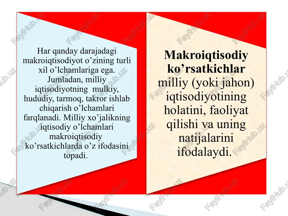 aror o’sishini taqoza qiladi; narxning barqaror darajasi. bu narxning doimiyligini bildirmaydi, faqat meyorida faoliyat qiluvchi iqtisodiyotda narxlarning sezilarli tez o’sishi mumkin emas. meyoridagi bandlik-ishlashni xoxlagan va unga layoqatli bo’lgan barchaning ish bilan ta’minlanishini anglatadi. iqtisodiy ta’minlanganlik milliy xo’jalikda ishlab chiqarilgan mahsulotlar nafaqat mehnatga layoqatlilar, balki o’zlarining yoshi yoki sog’lig’iga ko’ra ishlash imkoniyatiga ega bo’lmaganlarni ham ta’minlashi zarurligini bildiradi. iqtisodiy samaradorlik-milliy xo’jalikda foydalanishdagi cheklangan ishlab chiqarish resurslarining eng kam harajat qilib yuqori samara bilan faoliyat qilish layoqatidir. oqilona savdo balansi. ichki bozorning samarali faoliyat qilishi uchun mamlakat oqilona savdo balansini, ya’ni eksport va import bitimlari nisbatini ushlab turish zarur. milliy hisoblar tizimi (mht) 10 mht bmtning statistika komissiyasi tomonidan ishlab chiqarilgan standartlarni o’z ichiga olib, ular standart hisoblar va asosiy makroiqtisodiy ko’rsatkichlardan iboratdir. milliy hisoblar tizimi (mht) – ikki tomonlama yozuv qoidasiga asoslangan balanslashgan jadvallar to’plami bo’lib, unda makro darajadagi bir iqtisodiy bitim natijalari ham harajatlar va ham daromadlar sifatida aks …