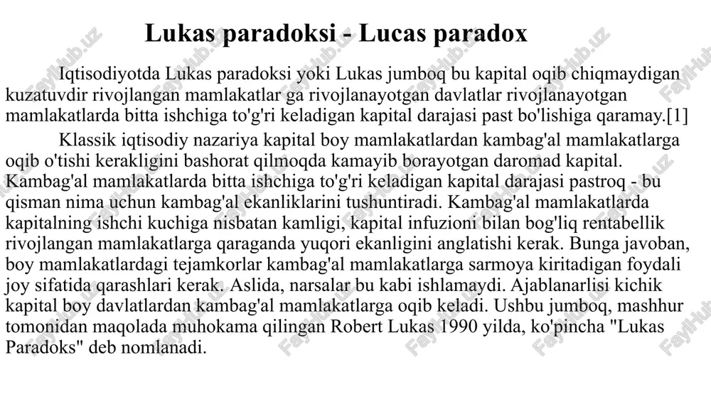 ilar o'z foydalarini maksimal darajada oshiradilar . iqtisodiyot mukammal raqobat sharoitida ishlaydi . faqat bitta mahsulot y , iste'mol uchun ishlatiladi c , va investisiya i. cheksiz yashaydigan shaxs (yoki uy xo'jaligi) modelda xodim va iste'molchi sifatida ishlaydi. turli avlodlar o'rtasida altruistik aloqalar mavjud deb taxmin qilinadi, qaror qabul qilishda uy xo'jaligi nafaqat hozirgi, balki kelajakdagi a'zolarning resurslari va ehtiyojlarini hisobga oladi, bu esa o'z qarorlarini cheksiz tirik shaxsning qarorlariga o'xshash qiladi. modelda fiskal siyosat mavjud emas. vaqt t doimiy ravishda o'zgaradi [3] . yopiq iqtisodiyotning asosi ishlab chiqarilgan mahsulot investitsiya va iste'molga sarflanishini, eksport/import yo'qligini, jamg'arma investitsiyalarga teng ekanligini anglatadi: s = i , c = cl , y = c + i ishlab chiqarish funktsiyasi quyidagi formula bo'yicha berilgan: y t =ak t α (u h t ) 1-α h t –β bu erda a - texnologik parametr, a = ko ns t , k t - jismoniy …