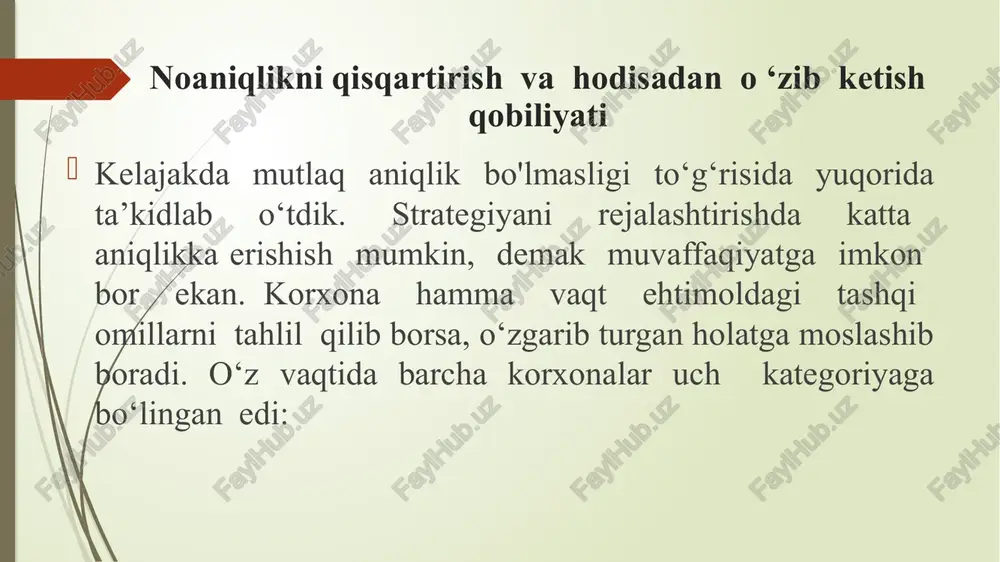 i xohlagan strategiyani tanlay olmaydi. uning xarakatlari konun siyosati, ijtimoiy tartibot va jamiyat mavqei bilan chegaralanadi. tashqi omillar ijtimoiy, siyosiy sharoitlar va qonunchilik tarmoqning jozibadorligi, raqobat shartlari kompaniya uchun imkoniyatlar va havf-xatarlar kompaniyaning strategik vaziyati ayrim omillarning muhimligi va uning strategiyasiga ta’sir i haqida xulosa strategik tashabbuslarni identifikatsiyalash va bahilash vaziyatga mos strategiyani aniqlash ichki omillar kompaniyaning kuchli va zaif tomonlari shaxsiy nafsoniyat biznes falsafasi ahloqiy tamoyillar aksiyalarning qiymati va kompaniyaning madaniyati kompaniya strategiyasini belgilovchi omillar strategiyani ijtimoiy talablarga moslashtirish quyidagilarni nazarda tutadi: jamiyat manfaatlari va odob me’yorlari doirasida ishchanlik ko‘rsatish; ijtimoiy afzalliklar va jamiyat extiyojlariga ijobiy karab, o‘z faoliyatini tartibga solish; tartibga soluvchi me’yorlar bilan ziddiyatga bormaslik uchun zarur xarakatlarni o‘z vaktida amalga oshirish; xissadorlar va jamiyat manfaatlari o‘rtasida muvozanatni saqlash; strategiyani belgilashga katta ta’sir ko‘rsatadi. kompaniya strategiyasini ilgari shug‘ullanilmagan sohaga asoslab ko‘rish mutlako yaramaydi. strategiya kompaniyaning yaxshi anglangan sohasiga qurilishi lozim strategiyada xisobga olinishi lozim bo‘lgan va aslida …