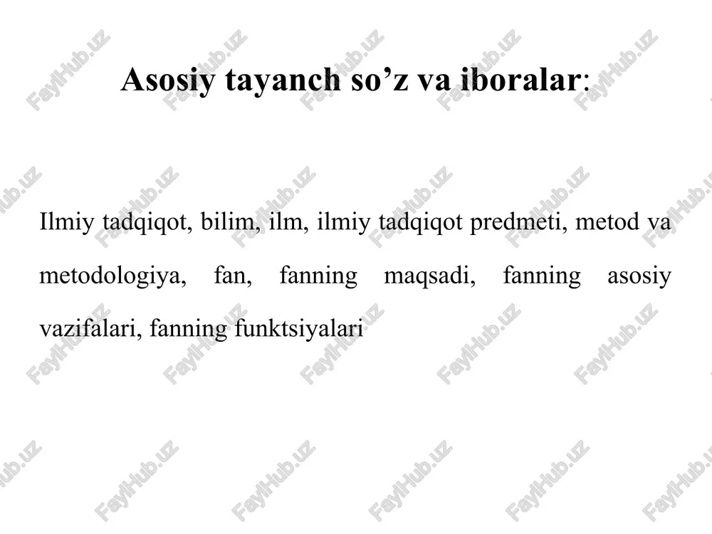 ga ega yoki xabardor bo`lish. ilm – kishining o`qish, o`rganish va hayotiy tajriba asosida orttirgan bilimi, ma`lumoti. ilmiy tadqiqot yoki ilmiy tadqiqot ishlari, har qanday ijodiy mehnat kabi uchta asosiy tashkil etuvchidan iborat: • odamning maqsadli faoliyati, ya`ni ilmiy tadqiqot mehnati; • ilmiy tadqiqot predmeti; • ilmiy tadqiqot vositalari. o`rganish va izlanishning konkret usullarini va ilmiy tadqiqot vositalarini (o`lchovchi, hisoblovchi va h.k.) ishlatgan holda tadqiqot ob`ekti (ilmiy tadqiqot predmeti) haqida yangi va aniq bilimlarni o`rganish uchun odam maqsadli ilmiy faoliyatini amalga oshiradi. bu ilmiy tadqiqot jarayonida o`rganiladigan ob`ekt. tadqiqot ob`ekti bo`lib moddiy dunyoning har qanday predmeti (masalan, avtomobil, jihoz, val va h.k.), hodisasi (massa almashinuv jarayoni, dvigatel silindridagi ishchi aralashmaning yonishi va h.k.) hodisalarning bir-biriga bog’liqligi (masalan, valning yeyilish darajasi va unga tushadigan yuklama orasidagi bog’liqlik va h.k.), xossalar (masalan, avtomobil dinamikasi, moylovchi moddaning qovushqoqligi va h.k.) xizmat qiladi. ilmiy tadqiqot predmeti faoliyatda qo`llaniladigan ma`lum usullar tizimi (fanda, siyosatda, san’atda …
