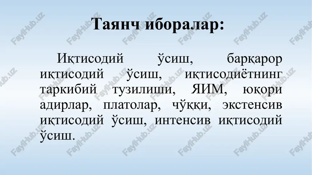 llar 9 1992 ... ... ... ... ... ... ... ... ... ... ... ... 2015 7 7.5 7.2 7.8 7.7 8.3000000000000007 8 8.3000000000000007 7.9 8.5 8 8.4 8 9 8,5 1992 ... ... ... ... ... ... ... ... ... ... ... ... 2015 8 1992 ... ... ... ... ... ... ... ... ... ... ... ... 2015 7,5 1992 ... ... ... ... ... ... ... ... ... ... ... ... 2015 7 1992 ... ... ... ... ... ... ... ... ... ... ... ... 2015 6,5 1992 ... ... ... ... ... ... ... ... ... ... ... ... 2015 2015 yildan 2022 yilgacha cho'qqilar turiga mansub mamlakat iqtisodiyotining tarkibiy tuzilishi sanoat transport aloqa xizmatlar tarmoqlari qishloq xo'jaligi byudjet-soliq sektori tashkil qilish; rejalashtirish; boshqarish; prognozlash pul-kredit sektori iqtisodiy o'sish 1-chizma. iqtisodiyotning tarkibiy tuzilishi mamlakat iqtisodiyotidagi tarkibiy o'zgarishlar (tarkibiy siljish) iqtisodiy o'sishni ta'minlaydi, ya'ni 1990 yillarda …