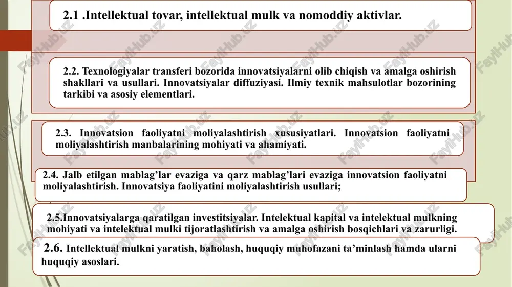 a innovatsiyani rivojlantirish, bu sohadagi yutuqlarni yuqori qo'shilgan qiymatli mahsulotga aylantirishda intellektual mulkning ishonchli himoyasini ta'minlash juda muhim. dunyoda tovarlarning brend qiymati yuqori hisoblanadi. intellektual mulk evropada yalpi ichki mahsulotning 45 foizini, xitoyda 12, rossiyada 7 foizini tashkil etadi. afsuski, mamlakatimiz bu borada dunyo bozoridan uzoqlashib ketdi. 2019 yili 400 ga yaqin ixtirolar, 110 ta foydali model, 170 ta sanoat namunasi, 36 ta selektsiya yutug'i ro'yxatga olingan bo'lsada, atigi 43 ta ilmiy ishlanma tijoratlashtirilgan, xolos sh.mirziyoev “2020 yil 12 oktyabr kuni intellektual mulk ob'ektlarini muhofaza qilish tizimini takomillashtirish chora-tadbirlari yuzasidan o'tkazilgan yig'ilishdan” intellektual mulkning me'yoriy-huquqiy asoslari intellektual mulkni muhofaza qilish sohasida tuzilgan shartnomalari 10 ta davlatlararo 12 ta hukumatlararo to'g'ridan-to'g'ri ishlaydigan normativ hujjatlar ro'yxatga olingan 5 ta qonun adliya vazirligida ro'yxatdan o'tkazilgan umummajburiy xarakterdagi 25 ta hujjat 21 ta idoralararo shartnoma hamda bitimlar tuzilib, amal qilmoqda. idora faoliyatini tartibga soladigan 140 dan ziyod intellektual mulk ob’ektlari fuqarolik huquqining boshqa ob’ektlari …