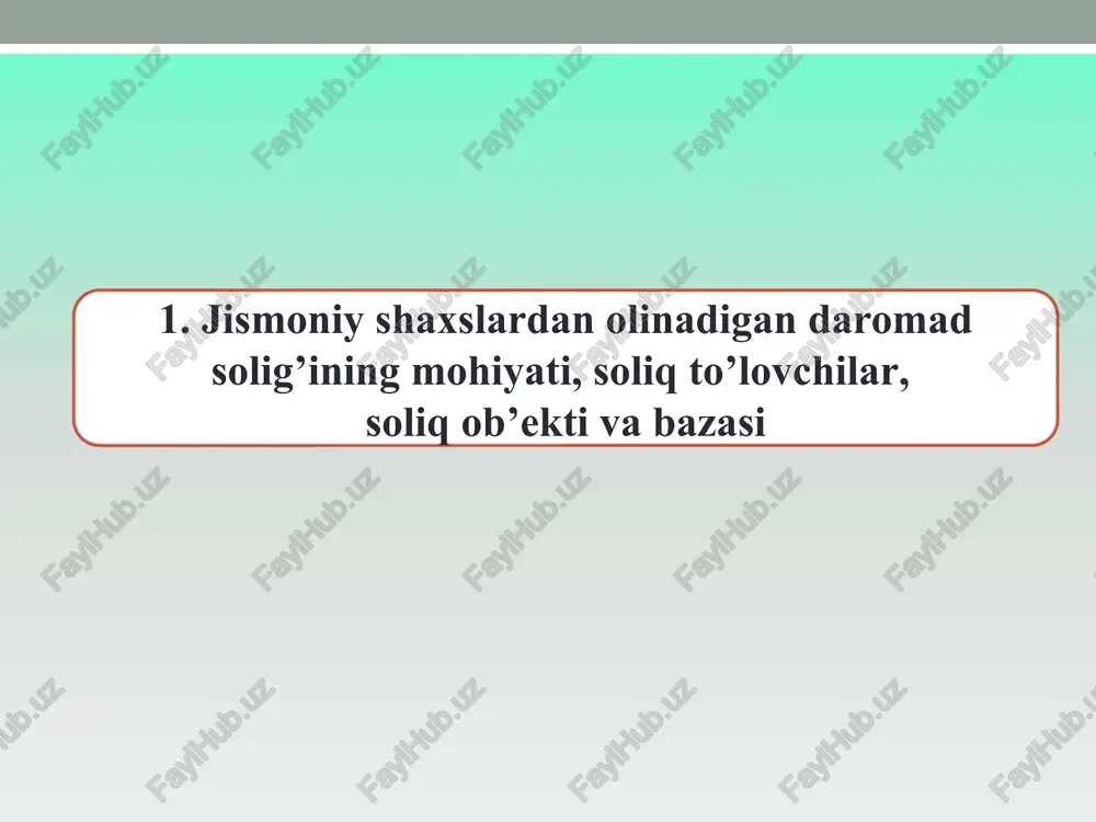 an o‘sib boruvchi yakun bilan aniqlanadi. 2. jismoniy shaxslarning jami yillik daromadlari tarkibi. jami daromad (sk 368-modda) jami daromad soliq to‘lovchi tomonidan hisobot (soliq) davri davomida olingan quyidagi daromadlardan tashkil topadi: 1) o‘zbekiston respublikasining rezidentlari uchun — o‘zbekiston respublikasidagi va uning tashqarisidagi manbalardan olingan daromadlardan; 2) o‘zbekiston respublikasining norezidentlari uchun — o‘zbekiston respublikasidagi manbalardan olingan daromadlardan. quyidagilar jami daromad tarkibiga kiritilmaydi: 1 davlat mukofotlariga va davlat pul mukofotlariga sazovor bo‘lgan soliq to‘lovchi olgan bir yo‘la beriladigan davlat pul mukofoti yoki shunga teng bahodagi esdalik sovg‘alarining qiymati, shuningdek o‘zbekiston respublikasi prezidentining yoki o‘zbekiston respublikasi vazirlar mahkamasining qarori asosida bir yo‘la beriladigan pul mukofoti va sovg‘alar; 2 donorlik uchun pul mukofotlari, shuningdek tibbiyot muassasalarining xodimlari tomonidan qon olganlik uchun olinadigan summalar;; 3 olingan alimentlar; 4 5 fuqarolar tomonidan olinadigan sug‘urta tovoni summalari; qonunchilikda belgilangan miqdorlarda va tartibda to‘lanadigan stipendiyalar; 6 qonunchilikka muvofiq uy-joy-kommunal xizmatlar haqini to‘lash bo‘yicha har oylik kompensatsiya pul to‘lovlari; …