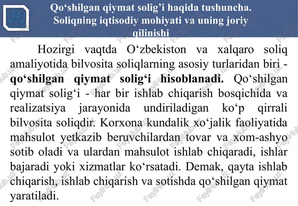tadbirkorlik faoliyatini amalga oshiruvchi va (yoki) tovarlarni (xizmatlarni) realizatsiya qiluvchi yuridik shaxslar tushuniladi. jumladan: - o’zbekiston respublikasining yuridik shaxslari; - tovarlarni (xizmatlarni) realizatsiya qilishdan olingan daromadi soliq davrida bir milliard so’mdan oshgan yoxud ixtiyoriy ravishda qo’shilgan qiymat solig’ini to’lashga o’tgan yakka tartibdagi tadbirkorlar; 7 soliq to‘lovchilar tarkibi, soliq obyekti, soliq solish bazasi va soliq stavkalari -o’zbekiston respublikasining bojxona chegarasi orqali tovarlarni olib o’tuvchi shaxslar. mazkur shaxslar bojxona to’g’risidagi qonun hujjatlariga muvofiq qo’shilgan qiymat solig’ini to’lovchilar deb e’tirof etiladi. qo’shilgan qiymat solig’i bo’yicha soliq majburiyatlari soliq kodeksida belgilangan hollarda va tartibda soliq agentlari tomonidan bajariladi. 8 qqs to‘lovchilarini soliq organlarida maxsus ro‘yxatdan o‘tkazish tartibi soliq to‘lovchilar soliq organlarida qo‘shilgan qiymat solig‘ini to‘lovchi sifatida maxsus ro‘yxatdan o‘tkazish hisobida turadi. 9 o‘zbekiston respublikasi vazirlar mahkamasi tomonidan quyidagilarning tartibi belgilanadi: soliq organlarida soliq to‘lovchi sifatida maxsus ro‘yxatga olish hisobiga qo‘yilganlik to‘g‘risidagi guvohnomani berish; soliq to‘lovchi sifatida maxsus ro‘yxatga olish hisobidan chiqarish. guvohnomaning amal qilishini …