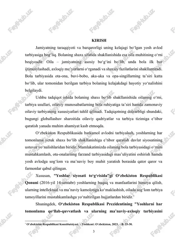 tahlil qilish, oilaviy tarbiyaning samarali shakllarini o‘rganish va shu orqali jamiyatdagi barqaror oila institutini mustahkamlashga hissa qo‘shishdan iborat. ushbu maqsadga erishish uchun quyidagi vazifalar belgilab olindi: · oilaning bola tarbiyasidagi o‘rnini ilmiy-nazariy jihatdan tahlil qilish; · oiladagi turli tarbiya usullarining bolaning shaxsiy rivojlanishiga ta’sirini o‘rganish; · oilaviy muhit va ijtimoiy-iqtisodiy sharoitlarning bolaga ta’sirini tahlil qilish; · zamonaviy oilalarda bola tarbiyasini takomillashtirish bo‘yicha tavsiyalar berish. mazkur tadqiqot bolani har tomonlama barkamol shaxs sifatida shakllantirishda oilaning roli beqiyos ekanligini ilmiy asosda yoritib berishga xizmat qiladi. kurs ishining dolzarbligi: bugungi kunda jamiyat taraqqiyoti va barqarorligi bevosita yosh avlodning qanday tarbiya olishi bilan chambarchas bog‘liq. bolaning shaxs sifatida shakllanishi, uning ma’naviy va axloqiy qarashlari, xulq-atvori va hayotga munosabati eng avvalo oilada asos solinadigan qadriyatlarga tayanadi. oilaviy tarbiya bola ongining rivojlanishida, uning ijtimoiylashuvida va mustaqil shaxs bo‘lib yetishishida asosiy omillardan biri hisoblanadi. zamonaviy globallashuv jarayonlari, texnologik taraqqiyot va ijtimoiy o‘zgarishlar oilaning bola tarbiyasidagi o‘rniga ham …