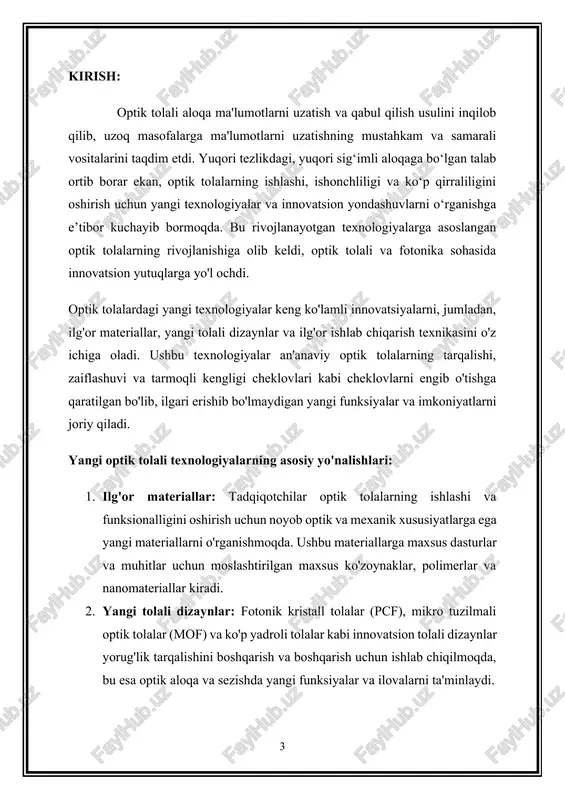 a navigatsiya qilish va qiziqarli yutuqlarga hissa qo'shish uchun zarur bo'lgan bilim va tushunchalar bilan jihozlashni maqsad qilganmiz. 1. optik tolalarda yorug'likning tarqalishi asoslari optik tolalarda yorug'lik tarqalishining asoslari .optik tolalarda yorug'lik tarqalishining asoslarini tushunish optik aloqa tizimlarining xatti-harakati, ishlashi va dizaynini boshqaradigan tamoyillarni tushunish uchun juda muhimdir. optik tolalar zamonaviy telekommunikatsiyaning asosi bo'lib, minimal yo'qotish va buzilishlar bilan uzoq masofalarga ma'lumotlarni yuqori tezlikda uzatish imkonini beradi. bu erda biz optik tolalarda yorug'lik tarqalishining asosiy tushunchalari va mexanizmlarini o'rganamiz. 1. umumiy ichki aks ettirish optik tolalarda yorug'lik tarqalishini boshqaradigan asosiy printsip - bu to'liq ichki aks ettirish. yorug'lik optik tolaning yadrosiga atrofdagi muhitdan (qoplamadan) kritik burchakdan kattaroq burchak ostida kirsa, u to'liq ichki aks etadi. bu hodisa yorug'likning yadro ichida chegaralanganligini va tola uzunligi bo'ylab tarqalishini ta'minlaydi, yo'qotishlarni minimallashtiradi va samarali uzatish imkonini beradi. 2. tarqalish usullari optik tolalar tolaning tuzilishiga va uzatiladigan yorug'likning to'lqin uzunligiga qarab yorug'lik tarqalishining turli …