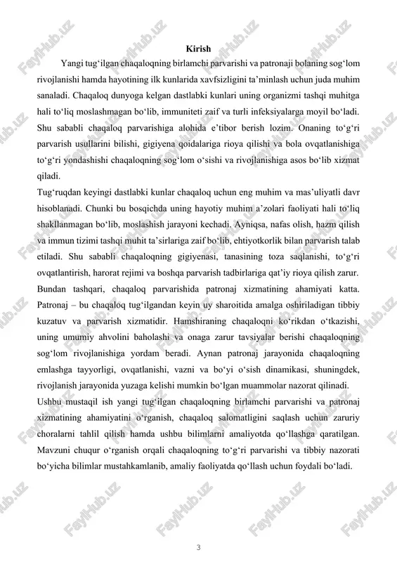 iyaga javob) · teri rangi (normal pushti yoki ko‘kimtir rang) apgar shkalasi bo‘yicha umumiy ball 7-10 bo‘lsa, chaqaloq sog‘lom hisoblanadi; 4-6 ball orasida bo‘lsa, qo‘shimcha kuzatuv talab etiladi; 0-3 ball orasida bo‘lsa, shoshilinch reanimatsiya choralari ko‘rilishi kerak. nafas olish va yurak urishini tekshirish: yangi tug‘ilgan chaqaloqning birinchi nafas olish jarayoni va yurak urishi darhol tekshiriladi. agar chaqaloq mustaqil nafas olmasa, unga kislorod berish yoki reanimatsiya choralari qo‘llaniladi. yurak urish tezligi normal sharoitda 120-160 urinish/daqiqada bo‘lishi kerak. tanani quritish va haroratni saqlash: tug‘ilgandan so‘ng chaqaloqning tanasi maxsus steril sochiq bilan quritiladi, chunki tug‘ilgan paytdagi suyuqlik chaqaloq tanasidan tez bug‘lanib, uning haroratini pasaytirishi mumkin. issiqlik yo‘qotilishining oldini olish uchun chaqaloq ona terisi bilan aloqa qildiriladi yoki issiq joyga o‘raladi. kindik parvarishi va infektsiyalarning oldini olish: · tug‘ilgandan so‘ng kindik arqoni steril sharoitda kesiladi va maxsus steril bog‘lov bilan bog‘lanadi. · infeksiyaning oldini olish uchun kindik qoldig‘i antiseptik bilan ishlanadi va tabiiy qurishi …
