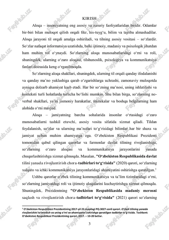 lmashinuvi va ishlatilishining yangilanishi so‘nggi yillarda davlat tomonidan taqdim etilgan qarorlar orqali yanada jiddiy o‘zgarishlarga uchramoqda.2 ushbu kurs ishida so‘zlarning aloqa munosabatlaridagi shakllari va ularning o‘zaro aloqasi tahlil qilinadi. mavzuning dolzarbligi va ilmiy ahamiyati shundaki, zamonaviy kommunikatsiya jarayonida so‘zlar, ularning ma’nosi va muloqotda qanday ishlatilishi haqida to‘liq tushuncha hosil qilish, muloqot samaradorligini oshirish uchun zarurdir. kurs ishining dolzarbligi: so‘zlar – kommunikativ jarayonning asosiy vositasi bo‘lib, ular orqali odamlar o‘z fikrlarini ifodalaydi, hissiyotlarini bildiradi va o‘zaro muloqot qiladi. shuning uchun so‘zlarning aloqa munosabatlaridagi roli va o‘zaro aloqasi har doim dolzarb masala bo‘lib kelgan. zamonaviy jamiyatda, ayniqsa globalizatsiya, texnologiyalar va ijtimoiy tarmoqlarning rivojlanishi bilan so‘zlar va aloqa shakllari o‘zgarib bormoqda. so‘zlarning mazmuni, ishlatilish konteksti va kommunikativ vazifalari bugungi kunda turli ilmiy sohalarda tadqiqotlar uchun muhim yo‘nalishdir. bu kurs ishining dolzarbligi shundan iboratki, u so‘zlarning aloqa jarayonidagi rolini o‘rganib, tilshunoslik va kommunikatsiya fanlariga yangi qarashlar kiritishga imkon yaratadi. kurs ishining maqsadi: ushbu kurs …