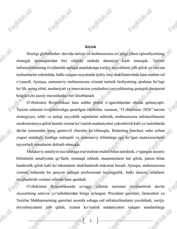 rqand shahrining markazida joylashgan ushbu mehmonxona xizmat ko‘rsatish sifati, zamonaviy infratuzilmasi, mijozlarga do‘stona munosabati bilan ajralib turadi. amaliyot davomida mehmonxonaning boshqaruv tizimi, turli bo‘limlari, xizmat ko‘rsatish tartibi, sanitariya-gigiyena talablari, mehmonlar bilan ishlash madaniyati, ichki intizom va xodimlar o‘rtasidagi hamkorlik muhitini bevosita kuzatish va baholash imkoniga ega bo‘ldim. shuningdek, mehmonlar bilan muloqot qilish, hujjatlar bilan ishlash, xizmatlarni taklif etish va mijoz ehtiyojlarini o‘rganish borasida amaliy ko‘nikmalar hosil qildim. ushbu hisobotda men malakaviy amaliyot mobaynida kuzatgan voqealar, o‘rganilgan tajribalar, bajarilgan vazifalar, duch kelingan muammolar va ularning yechimlari, shuningdek, mehmonxona faoliyatini takomillashtirish bo‘yicha shaxsiy tavsiyalarimni bayon qilaman. mazkur hisobotda malakaviy amaliyot jarayonida erishilgan yutuqlar, bajarilgan vazifalar, kuzatilgan muammolar va ularga nisbatan ilgari surilgan takliflar tahlil qilinadi. hisobot ushbu sohada mutaxassis sifatida shakllanishimdagi ilk amaliy qadamlardan biri sifatida xizmat qiladi. 1. samaria hotel haqida umumiy tasavvur samaria hotel – bu samarqand shahrining markaziy qismida joylashgan zamonaviy mehmonxona bo‘lib, o‘zining yuqori xizmat ko‘rsatish sifati va …