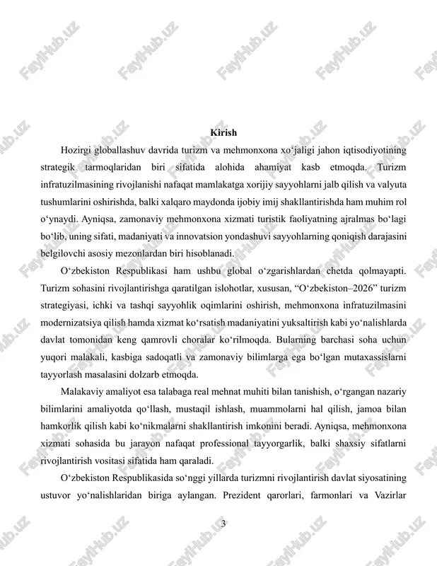 akaviy amaliyotni o‘tab chiqdim. samarqand shahrining markazida joylashgan ushbu mehmonxona xizmat ko‘rsatish sifati, zamonaviy infratuzilmasi, mijozlarga do‘stona munosabati bilan ajralib turadi. amaliyot davomida mehmonxonaning boshqaruv tizimi, turli bo‘limlari, xizmat ko‘rsatish tartibi, sanitariya-gigiyena talablari, mehmonlar bilan ishlash madaniyati, ichki intizom va xodimlar o‘rtasidagi hamkorlik muhitini bevosita kuzatish va baholash imkoniga ega bo‘ldim. shuningdek, mehmonlar bilan muloqot qilish, hujjatlar bilan ishlash, xizmatlarni taklif etish va mijoz ehtiyojlarini o‘rganish borasida amaliy ko‘nikmalar hosil qildim. ushbu hisobotda men malakaviy amaliyot mobaynida kuzatgan voqealar, o‘rganilgan tajribalar, bajarilgan vazifalar, duch kelingan muammolar va ularning yechimlari, shuningdek, mehmonxona faoliyatini takomillashtirish bo‘yicha shaxsiy tavsiyalarimni bayon qilaman. mazkur hisobotda malakaviy amaliyot jarayonida erishilgan yutuqlar, bajarilgan vazifalar, kuzatilgan muammolar va ularga nisbatan ilgari surilgan takliflar tahlil qilinadi. hisobot ushbu sohada mutaxassis sifatida shakllanishimdagi ilk amaliy qadamlardan biri sifatida xizmat qiladi. 1. samaria hotel haqida umumiy tasavvur samaria hotel – bu samarqand shahrining markaziy qismida joylashgan zamonaviy mehmonxona bo‘lib, o‘zining yuqori …