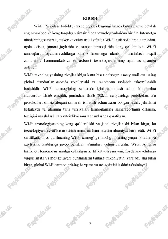 larni simsiz ulash uchun ishlatilgan. keyinchalik bu yondashuv ethernet tarmoqlari va boshqa simsiz texnologiyalar uchun asos bo‘lib xizmat qildi. ieee 802.11 standarti: wi-fi ning tug'ilishi 1985-yilda aqsh federal kommunikatsiyalar komissiyasi (fcc) 2,4 ghz, 5 ghz va boshqa yuqori chastotali diapazonlarda litsenziyasiz foydalanishga ruxsat berdi. bu qadam simsiz tarmoq texnologiyalarining rivojlanishiga katta turtki berdi. 1997-yilda ieee (institute of electrical and electronics engineers) 802.11 deb nomlangan birinchi simsiz aloqa standartini ishlab chiqdi. bu standart 2 mbit/s tezlikda ishlay oladigan oddiy simsiz tarmoqni yaratishga imkon berdi. wi-fi alliance tashkiloti va wi-fi brendining yaratilishi 1999-yilda bir nechta kompaniyalar wi-fi texnologiyasini kengroq joriy etish uchun wi-fi alliance deb nomlangan tashkilotni tashkil qildi. wi-fi alliance wi-fi texnologiyasini ommalashtirish, uskunalarni sertifikatlash va moslashuvchanlikni ta’minlash maqsadida tashkil etilgan. shu bilan birga, "wi-fi" brendi joriy qilindi, bu esa simsiz texnologiyalarni ommabop qilishda muhim ahamiyat kasb etdi. wi-fi standartlarining rivojlanishi wi-fi texnologiyasi 802.11 standarti asosida bir necha avlodlarga bo‘lingan va …