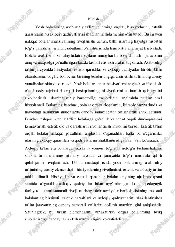 ning asab tizimi har doim o'zgarib, rivojlanib boradi. bu jarayon hayotning dastlabki yillarida eng faol kechadi, chunki miya va nerv tizimi yuqori darajada plastiklikka ega bo'lib, turli ta'sirlarga javob beradi. shakllanish jarayonida asab tizimi bir nechta bosqichni o'tadi. dastlabki yillarda bolalar hissiy va motor faoliyatlarini asab tizimi orqali boshqarishadi, ularning miya faoliyati esa oddiy reflekslardan murakkab ko'nikmalarni shakllantirishga qadar rivojlanadi. asab tizimining rivojlanishi bolalarda o'z-o'zini boshqarish, e'tibor va xotira kabi yuqori psixologik jarayonlarning shakllanishiga yordam beradi. bu rivojlanishning turli bosqichlarida bolalar o'z salohiyatlarini maksimal darajada ochib, o'qituvchilar va atrofdagi muhit bilan muloqotda bo'lishda yangicha ko'nikmalarni egallashadi. yosh bolalarda asab tizimining xususiyatlari: yosh bolalarda asab tizimining bir qancha o'ziga xos xususiyatlari mavjud. ularda asab tizimi to'liq shakllanmagan bo'lib, bu ularning tashqi muhitga nisbatan reaktsiyalarini va ruhiy holatlarini nazorat qilish qobiliyatiga ta'sir qiladi. masalan, bolalar o'z hissiyotlarini va 5 impulslarini boshqarishda ko'proq yordamga muhtoj. ular ko'pincha hissiy holatlarni keskin ifodalashadi va bu …