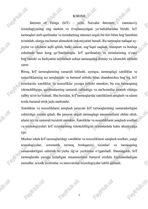 riy ta'minotlar bilan boshqariladi. dasturiy ta'minotdagi xatoliklar tarmoqdagi noxush holatlarga olib kelishi mumkin. dasturiy xatoliklar quyidagi turlarga bo‘linadi: 5  xato konfiguratsiyalar: iot qurilmalarini noto‘g‘ri sozlash yoki konfiguratsiya qilish tarmoqdagi muammolarga olib kelishi mumkin. masalan, noto‘g‘ri ip manzillarini yoki portlarni sozlash.  protokol xatoliklari: iot tarmoqlarida turli protokollar orqali ma'lumotlar uzatiladi (masalan, mqtt, coap). agar protokol sozlamalari noto‘g‘ri o‘rnatilgan bo‘lsa, ma'lumotlar uzatishda xatoliklar yuzaga keladi.  dasturiy xatoliklar va buglar: iot qurilmalaridagi dasturiy ta'minotda yuzaga kelgan xatoliklar yoki xatoliklar (buglar) tarmoqning ishlashiga to‘sqinlik qiladi. bu, odatda, dasturiy ta'minotni yangilash yoki tuzatish orqali hal qilinadi. tarmoqdagi uzilishlar va kechikishlar tarmoqdagi uzilishlar yoki kechikishlar iot tizimlarining samaradorligini pasaytirishi mumkin. bu xatoliklar quyidagi holatlarda yuzaga keladi:  tarmoq kechikishlari: iot qurilmalari o‘rtasida ma'lumotlar tez va ishonchli uzatilishi kerak. agar tarmoqda kechikishlar bo‘lsa, qurilmalar o‘rtasida ma'lumotlar kechikib yetib boradi, bu esa tizimning samaradorligini pasaytiradi.  tarmoqda uzilishlar: agar tarmoq uzilib qolsa yoki mavjud aloqalar …
