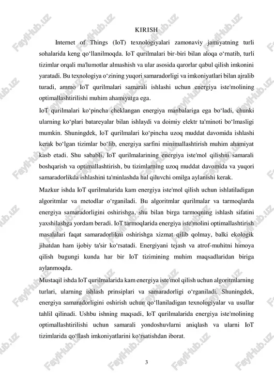 uv tizimi (microcontroller): qurilmaning boshqaruv funksiyalarini amalga oshiradi, ma'lumotlarni qayta ishlash va kerakli qarorlar qabul qilish.  aloqa modullari: ma'lumotlarni tarmoq orqali uzatadi va qabul qiladi (wi-fi, bluetooth, zigbee, nb-iot, lora kabi texnologiyalar yordamida). iot qurilmalarining energiya iste'molini boshqarish iot qurilmalarining energiya iste'molini boshqarish, ularning ishlash samaradorligini oshirish, ayniqsa, batareya bilan ishlovchi qurilmalarda juda muhimdir. qurilmalarning energiya sarfi, asosan, quyidagi omillarga bog‘liq: 5  uzatish tezligi va ma'lumotlar hajmi: qurilma tarmoq orqali ma'lumot uzatganda yuqori tezlikda ishlashi yoki katta hajmdagi ma'lumotlarni uzatishi kerak bo‘ladi, bu esa ko‘proq energiya sarfini talab qiladi.  sensorlar faoliyati: sensorlar uzoq vaqt davomida ma'lumotlarni yig‘ishda faol bo‘lsa, energiya iste'moli oshadi. bunday holatda sensörlar va qurilmaning ishlash rejimi (masalan, uxlash rejimi yoki ishlash rejimi) energiya iste'moliga katta ta'sir ko‘rsatadi.  signal kuchi: qurilmalar signal kuchini oshirishga majbur bo‘lganda, ular ko‘proq energiya sarflaydi. signal kuchi va masofa orasidagi bog‘liqlik, iot tarmoqlaridagi energiya iste'moliga ta'sir qiladi. iot qurilmalarining …