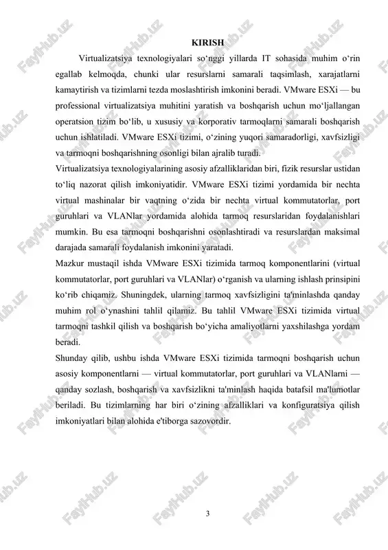 i va shu bilan birga tarmoqni boshqarish imkoniyatlarini kengaytiradi. har bir port guruhida o‘rnatilgan parametrlar, virtual mashinalarning ishlash muhitiga mos ravishda tarmoqni boshqarish imkonini beradi. vlanlar (virtual local area networks) vlanlar tarmoqni segmentatsiya qilish uchun ishlatiladi va virtual mashinalarni turli segmentlarga ajratish imkonini beradi. vmware esxi tizimi yordamida vlanlar yordamida tarmoqni izolyatsiya qilish va xavfsizligini ta'minlash mumkin. vlanlar virtual tarmoqda resurslarni boshqarish va tarmoq xavfsizligini oshirishda muhim o‘rin tutadi. vlanlar yordamida turli tarmoq resurslari o‘rtasida izolyatsiya yaratish mumkin, shu bilan birga tarmoqdagi har bir segmentning xavfsizligi yaxshilanadi. distributed virtual switch (dvs) vmware esxi tizimi bir nechta esxi xostlari o‘rtasida tarmoqni boshqarish uchun distributed virtual switch (dvs) imkoniyatini taqdim etadi. dvs yordamida bir nechta virtual kommutatorlarni markazlashtirilgan tarzda boshqarish mumkin. bu usul tarmoqni boshqarishni osonlashtiradi, chunki barcha tarmoq resurslari markazlashtirilgan tarzda boshqariladi va tarmoqni sozlash va optimallashtirish jarayoni tezlashadi. virtual tarmoq adapterlari (vnics) virtual mashinalar uchun tarmoq adapterlari — virtual nic …