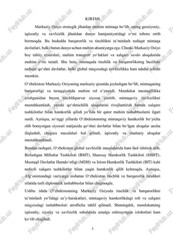 da. ayniqsa, 2016-yildan boshlab olib borilayotgan ochiq va konstruktiv tashqi siyosat natijasida qo‘shni davlatlar bilan iqtisodiy, siyosiy va madaniy hamkorlik yangi bosqichga chiqdi. oʻzbekiston:1  markaziy osiyo davlatlari bilan o‘zaro ishonch va manfaatlarga asoslangan hamkorlikni mustahkamlashga qaratilgan tashabbuslar bilan chiqmoqda;  shht, mdh, iht kabi xalqaro va mintaqaviy tashkilotlar doirasida faol ishtirok etib, mintaqa davlatlari bilan turli sohalarda hamkorlikni rivojlantirishga intilmoqda;  transport va logistika yo‘nalishida qo‘shni davlatlar bilan hamkorlikni rivojlantirib, mintaqaviy savdo va iqtisodiy aloqalarni mustahkamlashga hissa qo‘shmoqda. o‘zbekiston prezidentining 2017-yilda samarqand shahrida o‘tkazilgan “markaziy osiyo: o‘zaro aloqadorlik, barqaror taraqqiyot va farovonlik sari” xalqaro konferensiyasida mintaqaviy integratsiyani mustahkamlashga qaratilgan takliflari bu boradagi muhim qadamlardan biri bo‘ldi. o‘zbekiston markaziy osiyoda tinchlik, barqarorlik va iqtisodiy taraqqiyotga erishish uchun mintaqaviy hamkorlik siyosatini ustuvor yo‘nalish sifatida belgilagan. mamlakat qo‘shni davlatlar bilan siyosiy, iqtisodiy, transport- 1 mirziyoyev sh.m. yangi o‘zbekiston strategiyasi. – toshkent: o‘zbekiston, 2021. 5 kommunikatsiya va xavfsizlik sohalarida hamkorlikni mustahkamlash orqali mintaqaviy …