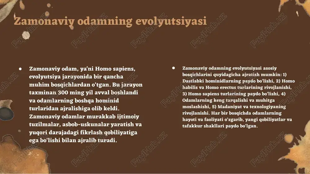 ek2iue?utm_source=ai_slide_maker&utm_medium=referral kelajakda evolyutsiya tendensiyalari kelajakda odam evolyutsiyasining yo'nalishlari va ijtimoiy rivojlanish tendensiyalari. ● kelajakda zamonaviy odam evolyutsiyasining bir nechta asosiy tendensiyalari kutilyapti. genetik muhandislik va biotexnologiyalar orqali insonlarning genetik xususiyatlari o'zgarishi mumkin. shuningdek, globalizatsiya va texnologik rivojlanish, insonlar o'rtasidagi ijtimoiy aloqalarni kuchaytiradi. bu jarayonlar yangi genetik va ijtimoiy strukturalarning paydo bo'lishiga olib kelishi mumkin. ijtimoiy muhit va zamonaviy odam ● ijtimoiy muhit zamonaviy odamning rivojlanishida muhim rol o'ynaydi. u odamlarning xulq-atvori, fikrlashi va o'zaro munosabatlariga ta'sir qiladi. ijtimoiy hayotning ko'plab jihatlari, jumladan, oilaviy, do'stlik va ish munosabatlari, odamlar orasidagi muloqot va hamkorlikni kuchaytiradi. o'zgarishlar, texnologiyalarning rivojlanishi bilan birga, odamlarning hayotini qayta shakllantiradi. ● zamonaviy odamning ijtimoiy hayoti ko'plab yangi imkoniyatlarni taqdim etadi. ijtimoiy tarmoqlar va zamonaviy kommunikatsiya vositalari odamlarning fikr almashinishini osonlashtiradi. masalan, onlayn platformalar orqali shaxsiy va professional aloqalar o'rnatish mumkin. biroq, ijtimoiy muhitda yuz berayotgan o'zgarishlar, masalan, shaxsiy muloqotning kamayishi, odamlarning psixologik sog'lig'iga salbiy ta'sir ko'rsatishi mumkin. shunday …