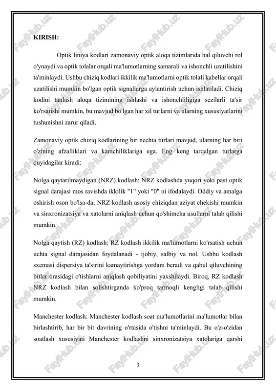 nishi va dekodlanishi mumkin bo'lgan optik signallarga ikkilik ma'lumotlarni kodlashni o'z ichiga oladi. tegishli chiziq kodini tanlash juda muhim, chunki u tizimning ishlashi, ishonchliligi va ma'lumotlarni uzatish samaradorligiga bevosita ta'sir qiladi. optik aloqada optik chiziq kodlashning ahamiyatini quyidagi asosiy jihatlarni hisobga olgan holda tushunish mumkin: samarali ma'lumotlarni uzatish: optik chiziq kodlari ikkilik ma'lumotlarni optik tolalar orqali minimal yo'qotish va buzilish bilan uzatilishi mumkin bo'lgan optik signallarga aylantirish uchun mo'ljallangan. tegishli chiziq kodini sinchkovlik bilan tanlab, yuqori ma'lumotlar tezligiga erishish va mavjud tarmoqli kengligidan maksimal darajada foydalanish mumkin. signalning yaxlitligi va ishonchliligi: yaxshi ishlab chiqilgan optik chiziq kodi uzatilgan signal uzoq masofalarda va turli xil optik buzilishlar, masalan, zaiflashuv, dispersiya va shovqin orqali butunligini saqlab qolishini ta'minlaydi. bu ishonchli aloqa aloqalarini saqlab qolish va xatolik darajasini minimallashtirish uchun zarurdir. sinxronizatsiya va soatni tiklash: ko'pgina optik chiziq kodlari qabul qiluvchi uzatilgan ma'lumotlarni aniq aniqlashi va sharhlashini ta'minlash uchun sinxronizatsiya va soatni tiklash …
