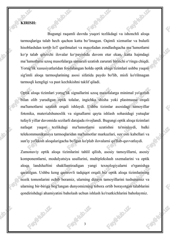 a tizimlarida uzatish muhiti, optik tolalar - bu yorug'lik signallarini uzoq masofalarga minimal zaiflashuv yoki yo'qotish bilan o'tkazishga qodir bo'lgan ingichka shisha yoki plastmassa iplari. ular har xil turdagi, jumladan, bir rejimli va ko'p rejimli tolalar bo'lib, ularning har biri tarqalish xususiyatlariga ko'ra muayyan ilovalar uchun mos keladi. · optik qabul qiluvchilar: ushbu qurilmalar optik tolalar orqali uzatiladigan optik signallarni qabul qiladi va ularni elektr signallariga aylantiradi. ular pin-diodlar yoki ko'chki fotodiodlari (apd) kabi fotodetektorlardan iborat bo'lib, ular kiruvchi optik signallarni aniqlaydi va asl ma'lumotlarni qayta tiklash uchun ularni demodulyatsiya qiladi. · optik kuchaytirgichlar: yorug'lik optik tolalar orqali o'tganda paydo bo'ladigan signal zaiflashishini qoplash uchun optik kuchaytirgichlar optik signalni elektr signaliga aylantirmasdan signal kuchini oshirish uchun ishlatiladi. erbiy qo'shilgan tolali kuchaytirgichlar (edfa) va raman kuchaytirgichlari optik kuchaytirgichlarning keng tarqalgan turlari hisoblanadi. · multiplekslash va demultiplekslash komponentlari: bu komponentlar uzatish uchun bir nechta signallarni kompozit signalga birlashtirib, keyin ularni qabul qilish …