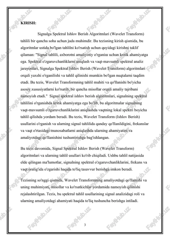 alaniladi. wavelet transform, signal analizi va o'rganishda keng qo'llaniladigan quyidagi algoritmalar orasida katta ahamiyatga ega. 2. wavelet transformni nima uchun foydalanamiz wavelet transformning bir nechta foydalari bor. ba'zilari quyidagicha: signal tahlili: wavelet transform, signalning vaqt-mavsumli o'zgaruvchanliklarini aniqlash va spektral xususiyatlarini tahlil qilishda foydalaniladi. bu usul, signalning lokal spektrini va belli vaqt oralig'ida frekans-tartibining o'zgarishini ko'rsatadi. frekans va vaqt bo'yicha analiz: ushbu transformatsiya, signalning spektral o'zgaruvchanliklari vaqt va frekans bo'yicha aniqlashda imkon beradi. bu, spektral ko'rinishni va signalning vaqt-mavsumli o'zgarishlarini aniqlashda juda yaxshi foydalaniladi. sifatli ma'lumotlar olish: wavelet transform, signalning muhim sifatlarini, masalan, lokal o'zgaruvchanliklar, tashqi o'zgaruvchanliklar, vaqtdagi o'zgaruvchanliklar va boshqalar, aniqlab olishda yordam beradi. aniq chegaralarni aniqlash: bu algoritmalar, signalning chegaralari va darajalarini aniqlovchi tahlilni hamda shuningdek, bitta spektrda ko'rsatiladigan parametrlarni aniqlashda foydalaniladi. signallarni tashqi qavotlarni bartaraf qilish: wavelet transform, signalning asosiy ma'lumotlarini va shovqinini aniqlashda foydalaniladi. bu, sinaldan nosozlikni aniqlash yoki tashqi qavotlarni bartaraf qilishda yordam beradi. signalni tashqi …