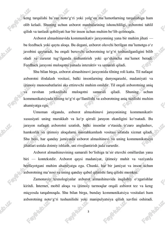 yonning yana bir muhim jihati — bu feedback yoki qayta aloqa. bu degani, axborot oluvchi berilgan ma’lumotga o‘z javobini qaytaradi, bu orqali beruvchi axborotning to‘g‘ri tushunilganligini bilib oladi va zarurat tug‘ilganda tushuntirish yoki qo‘shimcha ma’lumot beradi. feedback jarayoni muloqotni yanada interaktiv va samarali qiladi. shu bilan birga, axborot almashinuvi jarayonida tilning roli katta. til nafaqat axborotni ifodalash vositasi, balki insonlarning dunyoqarashi, madaniyati va ijtimoiy munosabatlarini aks ettiruvchi muhim omildir. til orqali axborotning aniq va ravshan yetkazilishi muloqotni samarali qiladi. shuning uchun kommunikatsiyada tilning to‘g‘ri qo‘llanilishi va axborotning aniq tuzilishi muhim ahamiyatga ega. umuman olganda, axborot almashinuvi jarayonining kommunikatív xususiyati uning murakkab va ko‘p qirrali jarayon ekanligini ko‘rsatadi. bu jarayon nafaqat axborotni uzatish, balki insonlar o‘rtasida o‘zaro anglashuv, hamkorlik va ijtimoiy aloqalarni mustahkamlash vositasi sifatida xizmat qiladi. shu bois, har qanday jamiyatda axborot almashinuvi va uning kommunikatsiya jihatlari ustida doimiy ishlash, uni rivojlantirish juda zarurdir. axborot almashinuvining samarali bo‘lishiga ta’sir etuvchi …