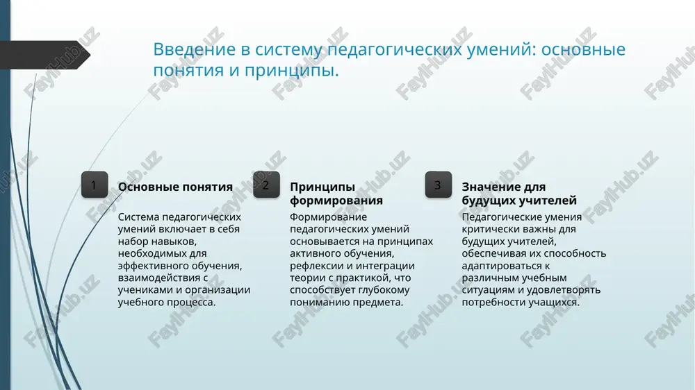 sya i kollegami. otsenka rezultatov regulyarnaya otsenka i obratnaya svyaz na praktike pozvolyayut studentam-uchitelyam korrektirovat svoi podxodi, povishaya uroven professionalnix kompetentsiy v obrazovatelnom protsesse. znachenie professionalnix kompetentsiy dlya budushix uchiteley. 1 znachenie kompetentsiy professionalnie kompetentsii formiruyut osnovu dlya uspeshnoy deyatelnosti budushix uchiteley, pozvolyaya im effektivno vzaimodeystvovat s uchenikami i kollegami. 2 kachestvo obrazovaniya visokiy uroven professionalnix kompetentsiy napryamuyu vliyaet na kachestvo obrazovaniya, obespechivaya bolee glubokoe ponimanie predmeta i adaptatsiyu metodik prepodavaniya. 3 adaptatsiya k izmeneniyam budushie uchitelya s razvitimi kompetentsiyami legche adaptiruyutsya k izmeneniyam v obrazovatelnoy srede, vklyuchaya novie texnologii i innovatsionnie podxodi k obucheniyu. 4 professionalniy rost kompetentsii sposobstvuyut neprerivnomu professionalnomu rostu uchiteley, otkrivaya vozmojnosti dlya povisheniya kvalifikatsii i rasshireniya karernix perspektiv v obrazovanii. osnovnie komponenti professionalnix kompetentsiy v pedagogike. osnovnie komponenti professionalnix kompetentsiy v pedagogike vklyuchayut: znanie predmeta, umenie primenyat metodi obucheniya, naviki kommunikatsii i otsenivaniya. eti elementi sposobstvuyut effektivnoy rabote budushix uchiteley i obespechivayut visokoe kachestvo obrazovatelnogo …