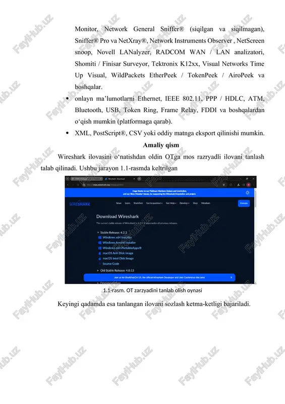 tatistika” qismida fayllar xususiyatlarni bilish, paket uzunligini aniqlash, dns ma'lumotlarini bilish va boshqa vazifalarni bajaradi. 1.18-rasm. “statistika” oyansi wiresharkni barcha sozlamalrini ishlatib bo‘lgandan keyin, unda tarmoqni tahlil, qilishimiz munkin, buning uchun ko‘k start tugmasi bosiladi va tahlil qiladi. 1.21- rasm. umumiy tarmoq tahlili natijasi image4.png image5.png image6.png image7.png image8.png image9.png image10.png image11.png image12.png image13.png image14.png image15.png image16.png image1.png image2.png image3.png