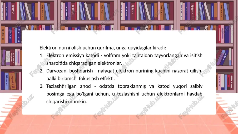 • elektron-nurli qurilmalar yordamida kuchlanish, chastota va boshqa ko‘rsatkichlarni aniq o‘lchash mumkin. 3. ilmiy-tadqiqotlarda qo‘llanishi • fizika va texnik tajribalarda turli jarayonlarni kuzatishda qo‘llanadi. • atom va molekulalarni o‘rganishda elektron mikroskoplar asosiy vosita hisoblanadi. 4. axborot uzatish va qabul qilish • televizion va radioeshittirishlarda axborotlarni keng ommaga yetkazishda foydalaniladi. 5. sifatli ko‘rsatish imkoniyati • tasvirlarni rangli, aniq va real ko‘rinishda aks ettiradi. 6. diagnostika va tibbiyotda ahamiyati • rentgen va boshqa tibbiy elektron-nurli apparatlar kasalliklarni erta aniqlashda yordam beradi. foydalanilgan adabiyotlar 1. raxmatov b., xudoyqulov b. “elektronika asoslari” – toshkent: o‘zbekiston milliy ensiklopediyasi, 2018. 2. saidov s., nazarov a. “fizika kursi” – toshkent: o‘qituvchi, 2019. 3. zaytsev i. i., udalov v. n. “elektronika va mikroelektronika asoslari” – moskva: vysshaya shkola, 2015. 4. abdullayev h., qodirov a. “texnikaviy fizika” – toshkent: fan va texnologiya, 2020. thank you image1.png image2.png image3.png image4.svg image5.png image6.svg /docprops/thumbnail.jpeg