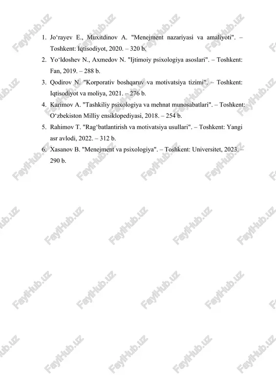 lari". – toshkent: yangi asr avlodi, 2022. – 312 b. 6. xasanov b. "menejment va psixologiya". – toshkent: universitet, 2023. – 290 b. rag ? batlantirish mativatsiyani yaratish , qo ? llab - quvvatlash va rivojlantirish jarayoni sifatida t ayyorladi : mirzoxidov yo. m. 1. kirish . inson faoliyatining samaradorligi va ijodiy yondashuvi ko‘p jihatdan uning motivatsiyasiga bog‘liq. har qanday tashkilotda yoki jamiyatda insonni mehnatga, o‘z ustida ishlashga va rivojlanishga undash muhim hisoblanadi. shu nuqtai nazardan, rag‘batlantirish motivatsiyaning asosiy tarkibiy qismi bo‘lib, insonning ichki ishtiyoqini shakllantirish, uni qo‘llab - quvvatlash va barqaror rivojlanishiga ko‘m aklashadi. ushbu maqolada rag‘batlantirish motivatsiyani shakllantirish jarayoni sifatida o‘rganilib, uning samarali metodlari tahlil qilinadi. 2. asosiy qism . rag‘batlantirish va motivatsiya tushunchalari inson faoliyatining ajralmas qismi bo‘lib, ular bir - birini to‘ldiradi. motivatsiya insonni muayyan maqsadlarga intilishga undovchi ichki va tashqi omillar majmui hisoblanadi. rag‘batlantirish esa ushbu motivatsiyani shakllantirish, qo‘llab - quvvatlash va rivojlantirishga qaratilgan vositalardir. …