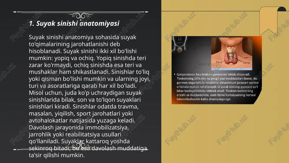 ri joylanishini saqlaydi va suyaklarning tabiiy tiklanishiga yordam beradi. intramedullary rod bilan davolashda sinishlarning bitish vaqti odatda 6-12 hafta oralig'ida bo'ladi, bu kasal yoshi, sog'lig'i va sinish turiga qarab o'zgarishi mumkin. ushbu usul minimal invaziv bo'lib, bemorlarda tiklanish muddatlarini qisqartirish imkoniyatini beradi. suyaklar sinishida zamonaviy davolash usullari turgunboyev bobur e'tiboringiz uchun raxmat! image1.png image2.png image3.png image4.png image5.png image6.png /docprops/thumbnail.jpeg