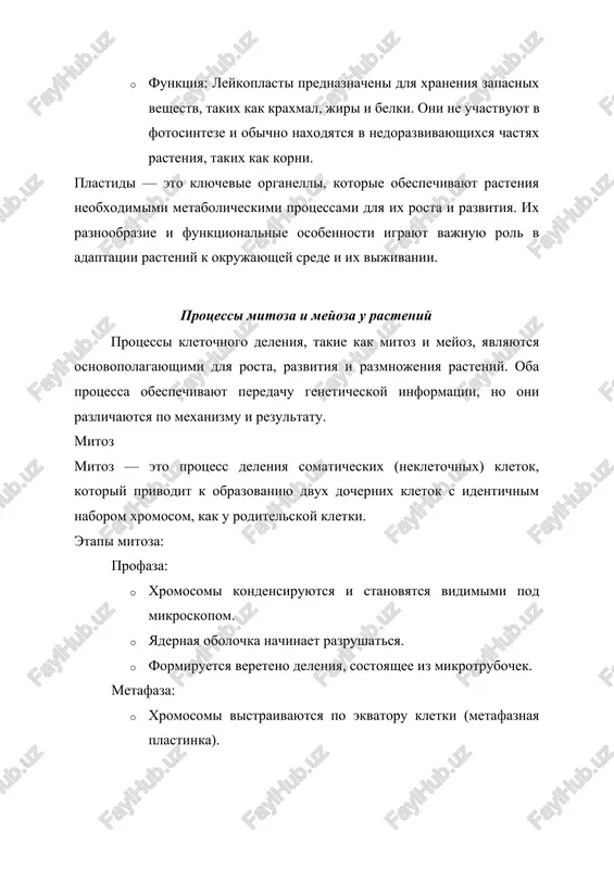 uppi xromosom. · tsitoplazma delitsya (tsitokinez), v rezultate chego obrazuyutsya dve identichnie dochernie kletki. rezultat mitoza: · obrazovanie dvux kletok, kajdaya iz kotorix soderjit takoy je nabor xromosom, kak i isxodnaya kletka (2n). meyoz meyoz — eto protsess deleniya polovix kletok (gametov), kotoriy vedet k obrazovaniyu chetirex dochernix kletok, kajdaya iz kotorix imeet polovinniy nabor xromosom po sravneniyu s roditelskoy kletkoy. etapi meyoza: · meyoz vklyuchaet dva posledovatelnix deleniya: meyoz i i meyoz ii. meyoz i — reduktsionnoe delenie: · profaza i: gomologichnie xromosomi kon'yugiruyut (sblijayutsya) i mogut obmenivatsya uchastkami dnk (krossingover), chto uvelichivaet geneticheskoe raznoobrazie. · metafaza i: gomologichnie xromosomi vistraivayutsya po ekvatoru. · anafaza i: gomologichnie xromosomi rasxodyatsya k polyusam kletki, no sestrinskie xromatidi ostayutsya soedinennimi. meyoz ii — ekvatsionnoe delenie: · profaza ii: yadernaya obolochka raspadaetsya v dvux dochernix kletkax. · metafaza ii: xromosomi vistraivayutsya po ekvatoru. · anafaza ii: sestrinskie xromatidi razdelyayutsya i dvijutsya k polyusam. …