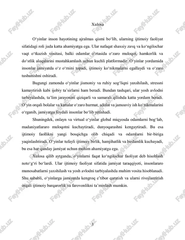 adi, dunyoqarashni kengaytiradi. bu esa ijtimoiy faollikni yangi bosqichga olib chiqadi va odamlarni bir-biriga yaqinlashtiradi. o‘yinlar tufayli ijtimoiy birlik, hamjihatlik va birdamlik kuchayadi, bu esa har qanday jamiyat uchun muhim ahamiyatga ega. xulosa qilib aytganda, o‘yinlarni faqat ko‘ngilochar faoliyat deb hisoblash noto‘g‘ri bo‘lardi. ular ijtimoiy faoliyat sifatida jamiyat taraqqiyoti, insonlararo munosabatlarni yaxshilash va yosh avlodni tarbiyalashda muhim vosita hisoblanadi. shu sababli, o‘yinlarga jamiyatda kengroq e’tibor qaratish va ularni rivojlantirish orqali ijtimoiy barqarorlik va farovonlikni ta’minlash mumkin.