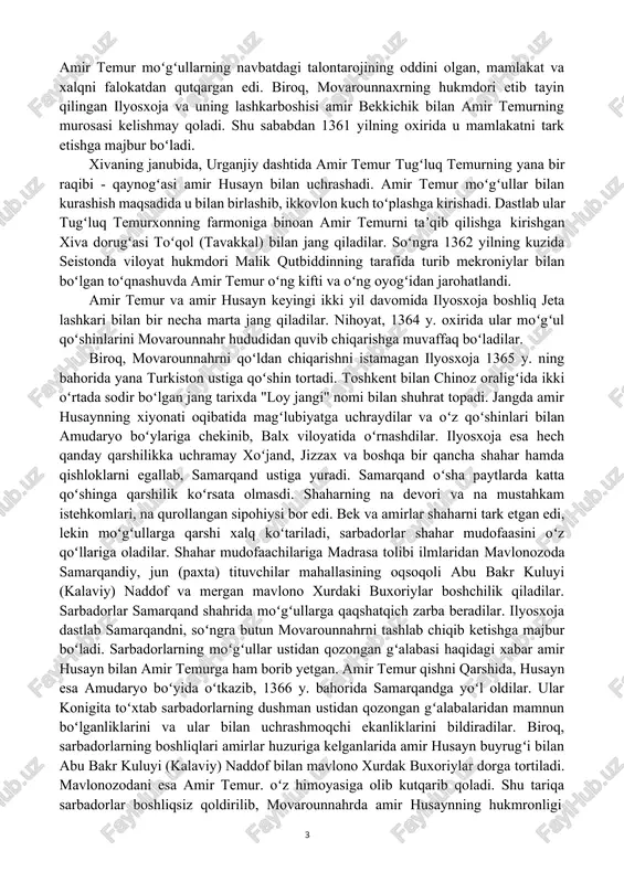 ta xonlaridan tugʻluq temur va uning vorisi ilyosxoja 1360-61 va 1365 y. larda movarounnahrga bir necha bor bostirib kiradilar. moʻgʻul xonlarining boskinchilik yurishlari va zulmiga karshi xalq harakati boshlanadi. biroq, movarounnahr amirlari xalqqa bosh boʻlib, moʻgʻul bosqinchilariga qarshi kurashga jurʼat eta olmaydilar. ularning bir qismi dushman tarafiga oʻtadi, ikkinchi qismi esa el-yurtni tark etib, oʻzga mamlakatlardan boshpana izlaydilar. amir temurning amakisi, kesh viloyatining hukmdori amir hoji barlos xurosonga qochadi. mana shunday ogʻir pallada siyosat maydoniga amir temur kiradi. moʻgʻullarga qarshi turish uchun kuchlar nisbati teng emasligini hisobga olgan 24 yoshli amir temur 1360 yilning boshida tugʻluq temur tomonidan keshga yuborilgan beklar bilan kelishadi. sharoit taqozosi bilan xon xizmatiga oʻtib, uning yorligʻi bilan oʻz viloyatining dorugʻasn etib tayin qilinadi. shubhasiz, bu noilojliqdan qoʻyilgan siyosiy hamda strategik qadam boʻlib, bu bilan amir temur moʻgʻullarning navbatdagi talontarojining oddini olgan, mamlakat va xalqni falokatdan qutqargan edi. biroq, movarounnaxrning hukmdori etib tayin qilingan ilyosxoja va …